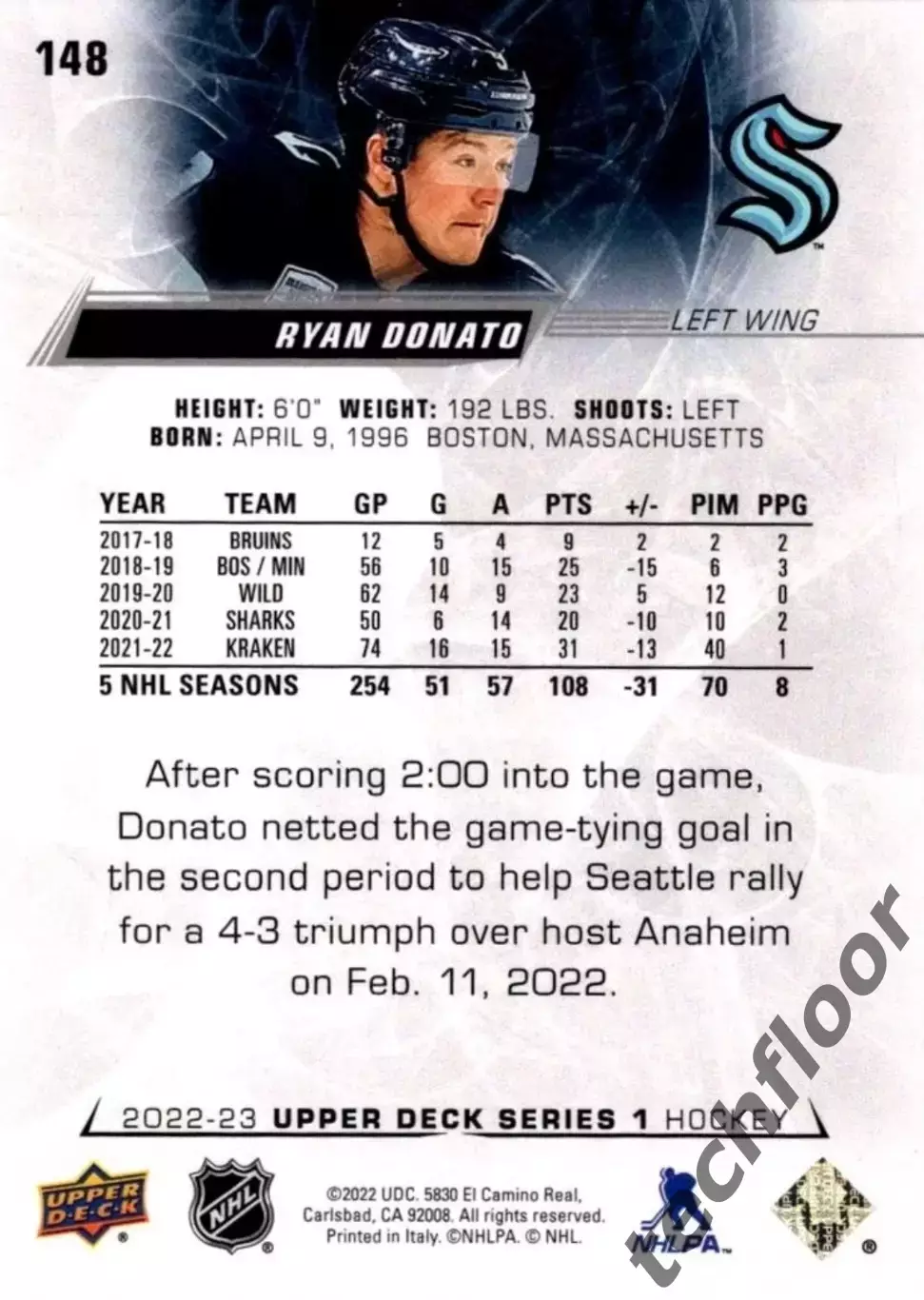 Карточка NHL Ryan Donato Seattle Kraken/Райан Донато Сиэтл НХЛ 1