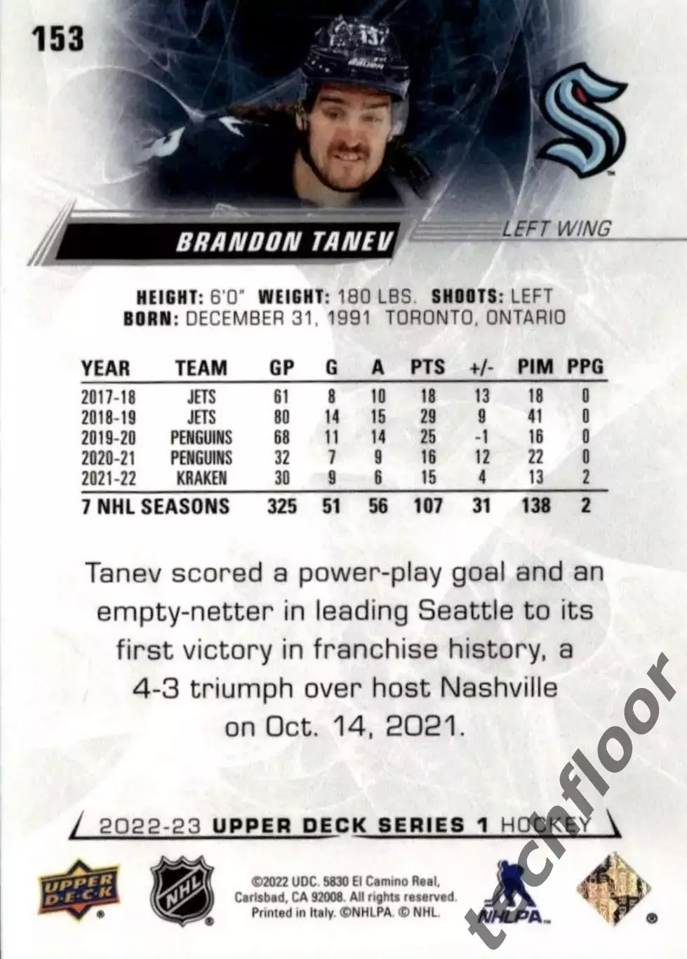 Карточка NHL Brandon Tanev Seattle Kraken/Брэндон Танев Сиэтл НХЛ 1
