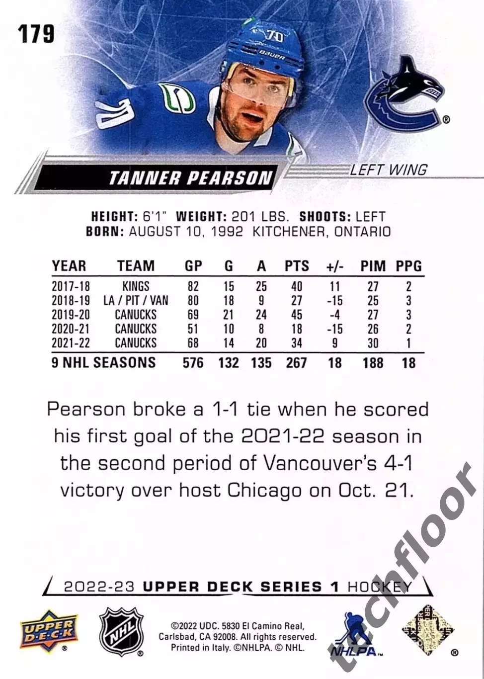Карточка NHL Tanner Pearson Vancouver Canucks/Таннер Пирсон Ванкувер НХЛ 1