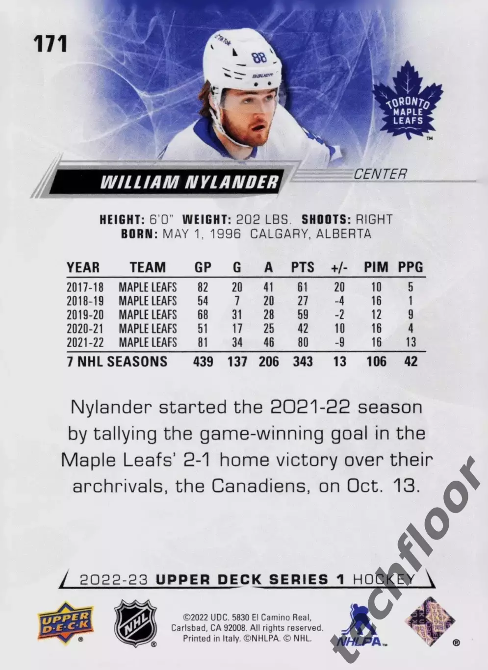 Карточка NHL William Nylander Toronto Maple Leafs/Вильям Нюландер Торонто НХЛ 1