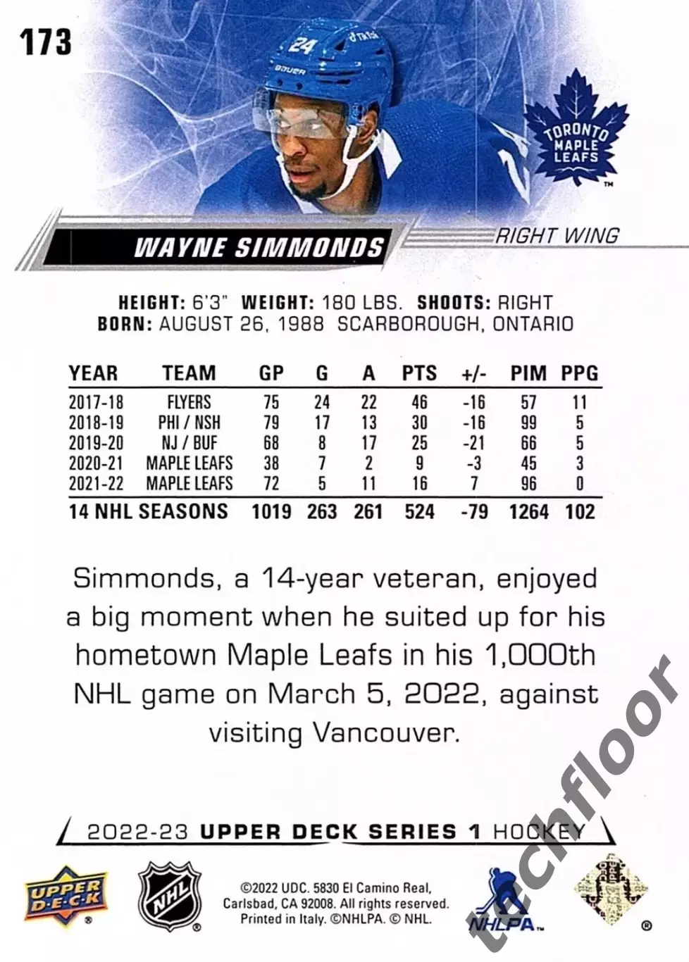 Карточка NHL Wayne Simmonds Toronto Maple Leafs/Уэйн Симмондс Торонто НХЛ 1