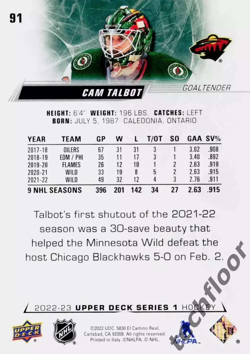 Карточка NHL Cam Talbot Minnesota Wild/Кэм Тэлбот Миннесота НХЛ 1
