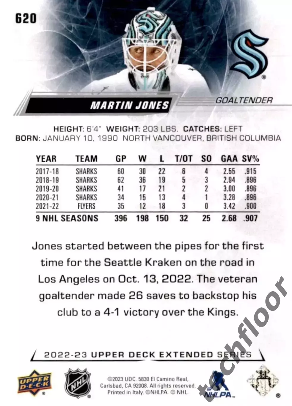 Карточка NHL Martin Jones Seattle Kraken/Мартин Джонс Сиэтл НХЛ 1