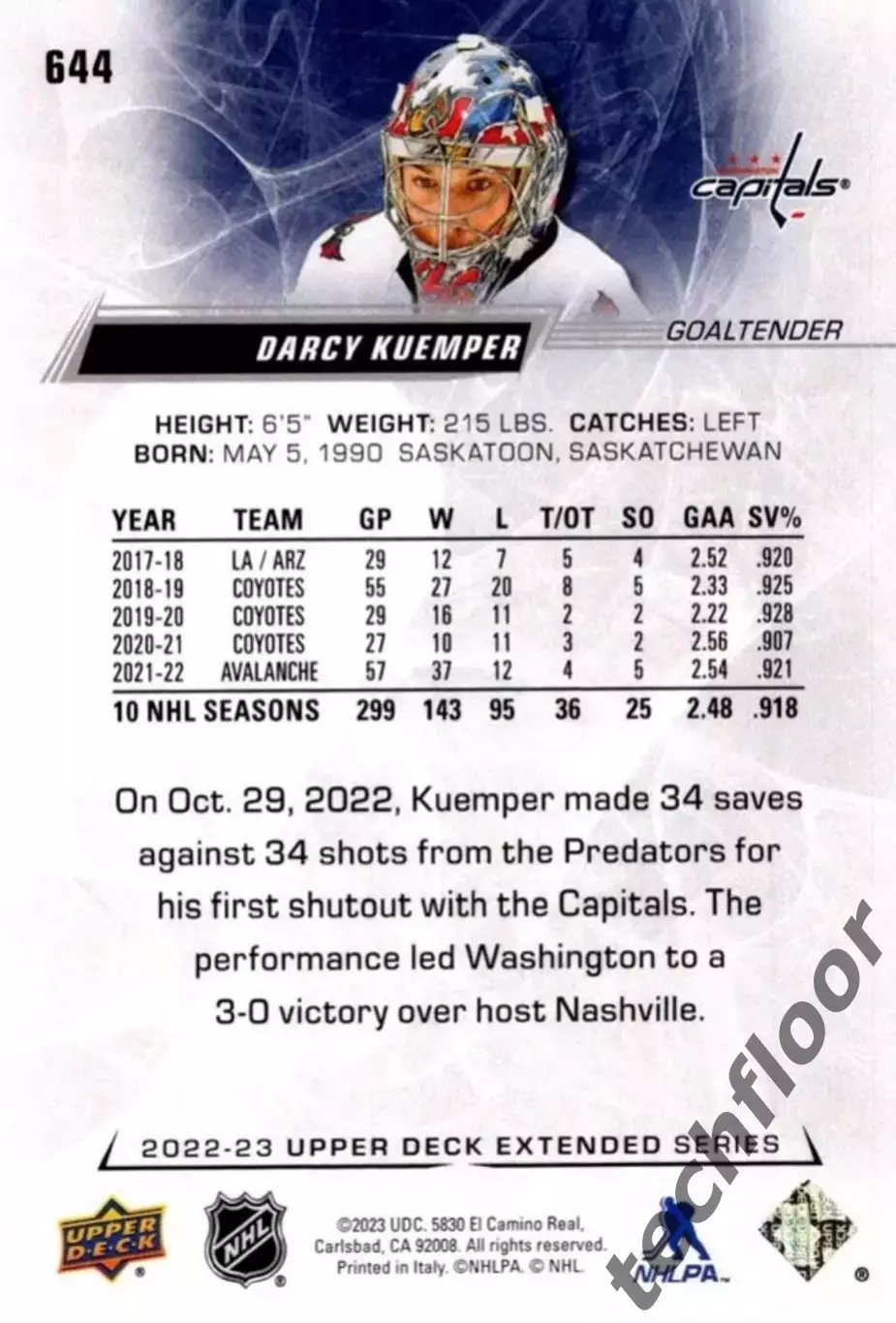 Карточка NHL Darcy Kuemper Washington Capitals/Дарси Кемпер Вашингтон НХЛ 1