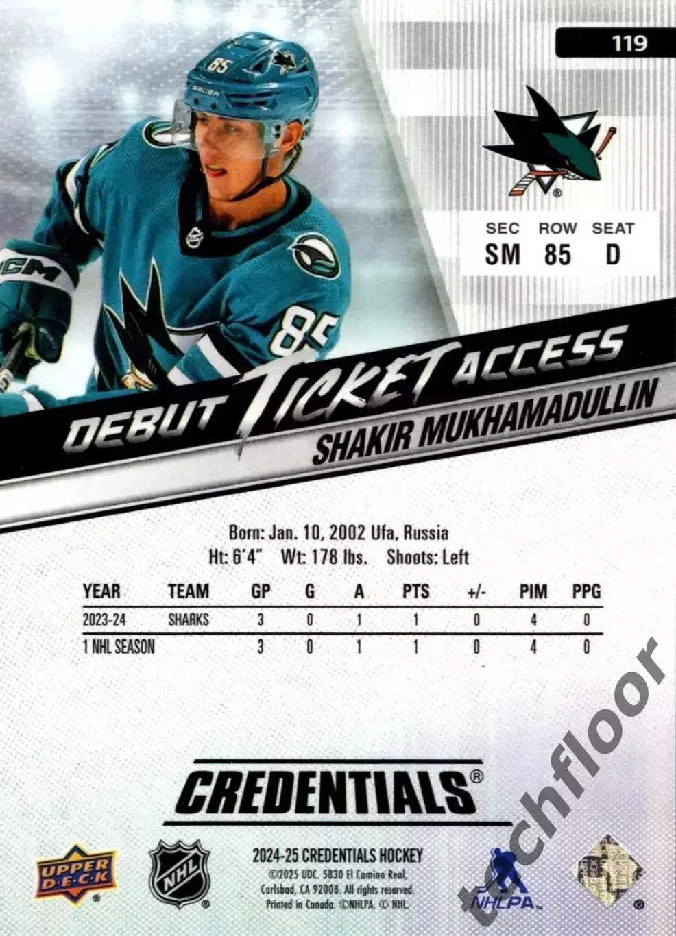 Карточка NHL Shakir Mukhamadullin San Jose Sharks/ Шакир Мухамадуллин Сан-Хосе 1