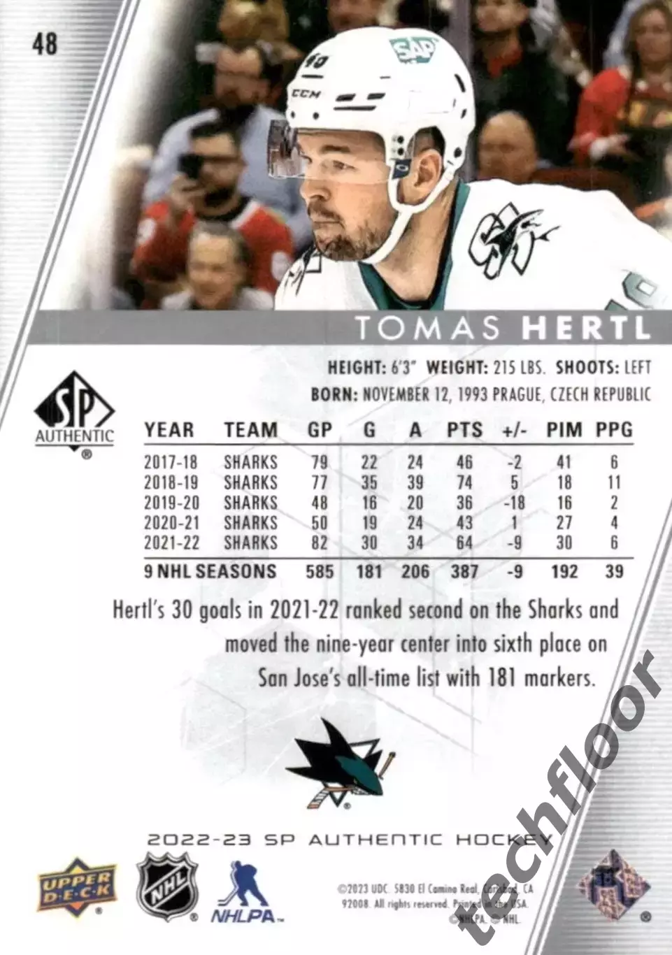 Карточка NHL Tomas Hertl San Jose Sharks/ Томаш Гертл Сан-Хосе НХЛ 1