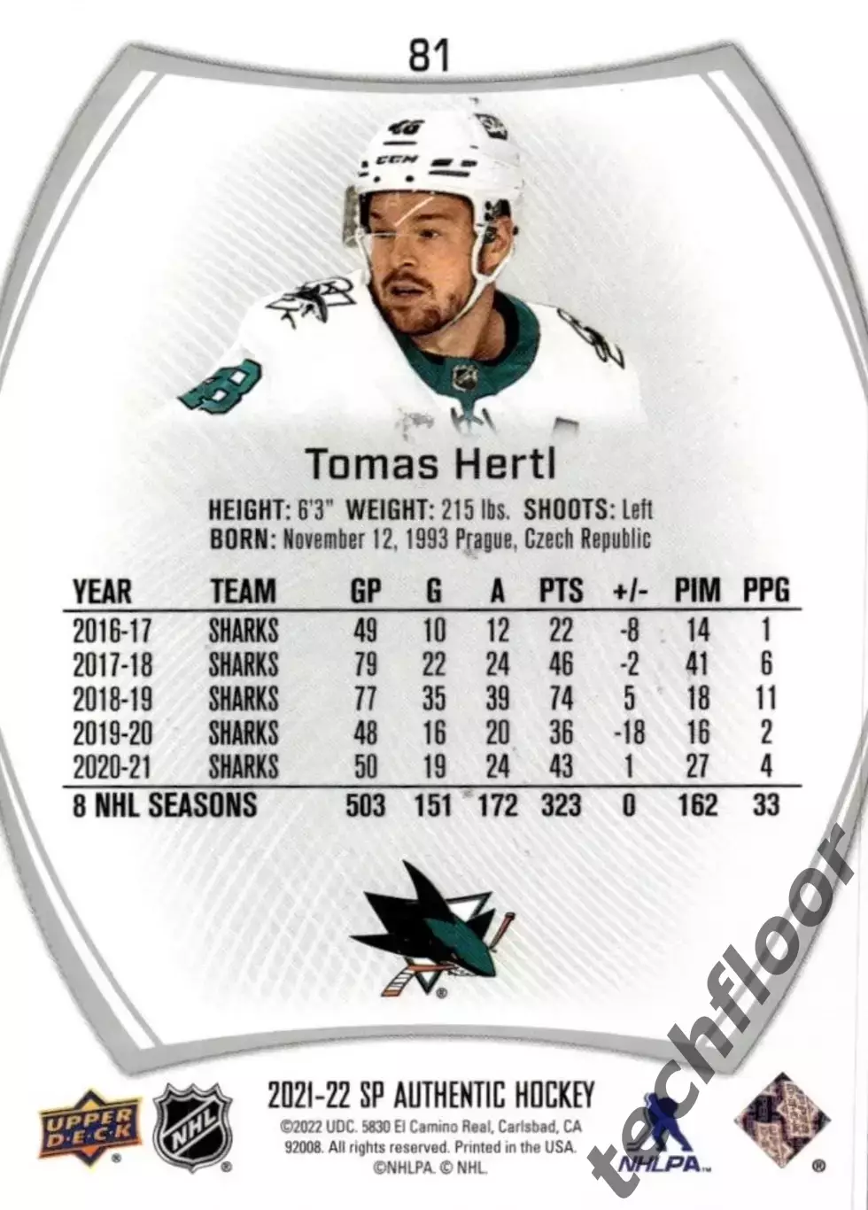Карточка NHL Tomas Hertl San Jose Sharks/Томаш Гертл Сан-Хосе НХЛ 1