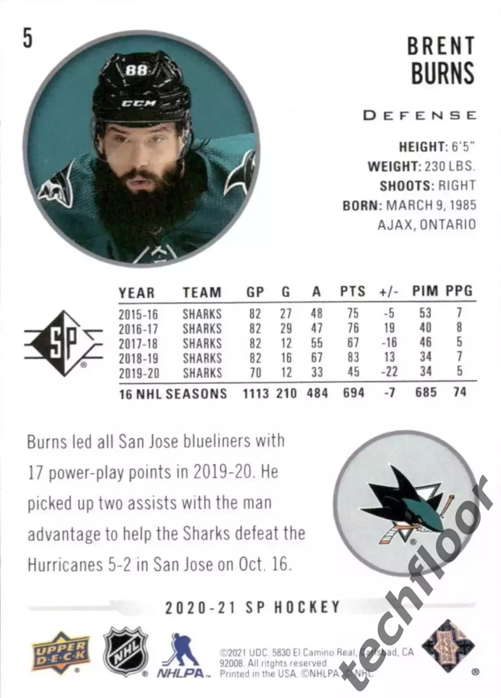 Карточка NHL Brent Burns San Jose Sharks/ Брент Бернс Сан-Хосе НХЛ 1