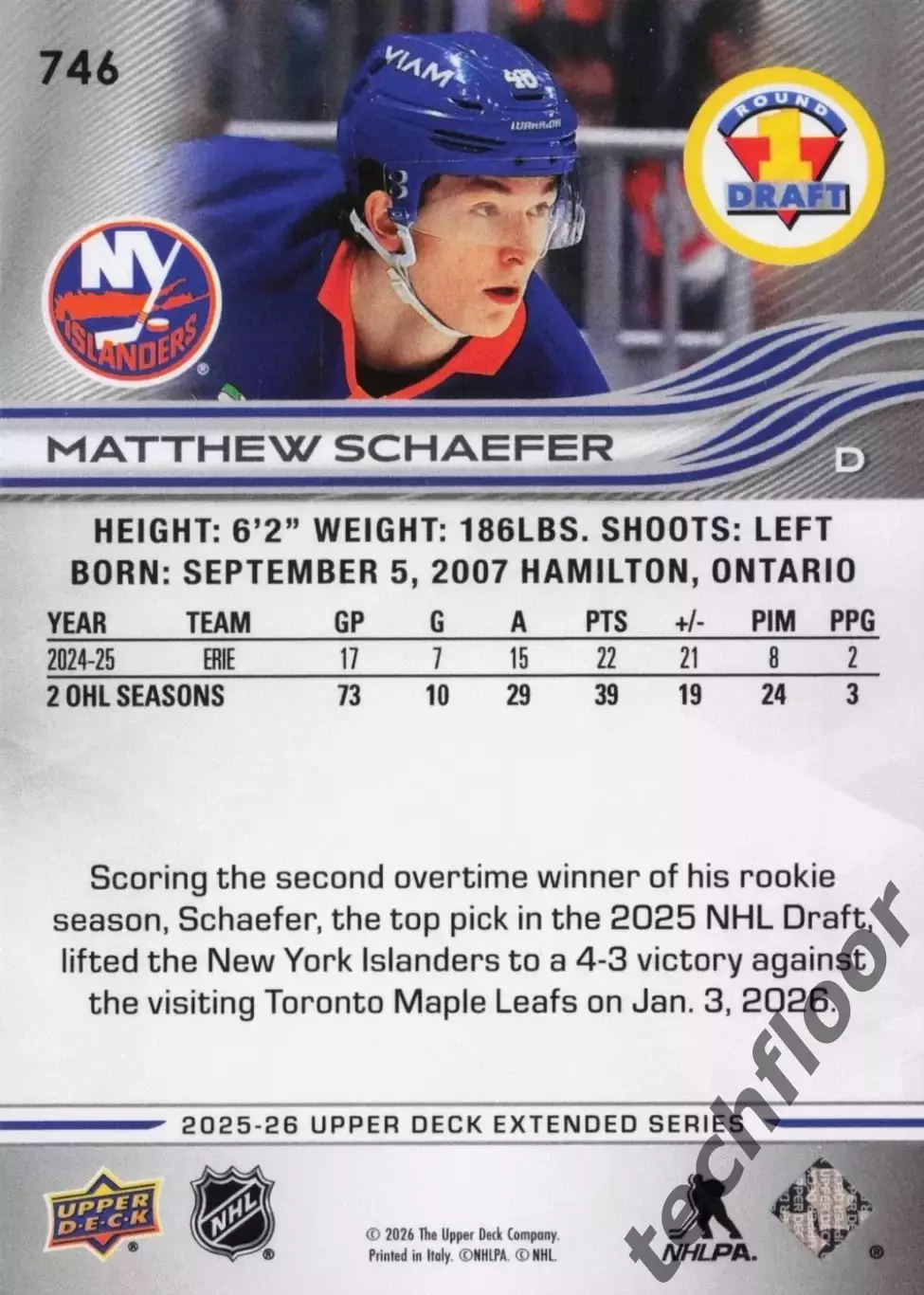 Карточка NHL Matthew Schaefer New York Islanders/ Мэттью Шефер Айлендерс НХЛ 1