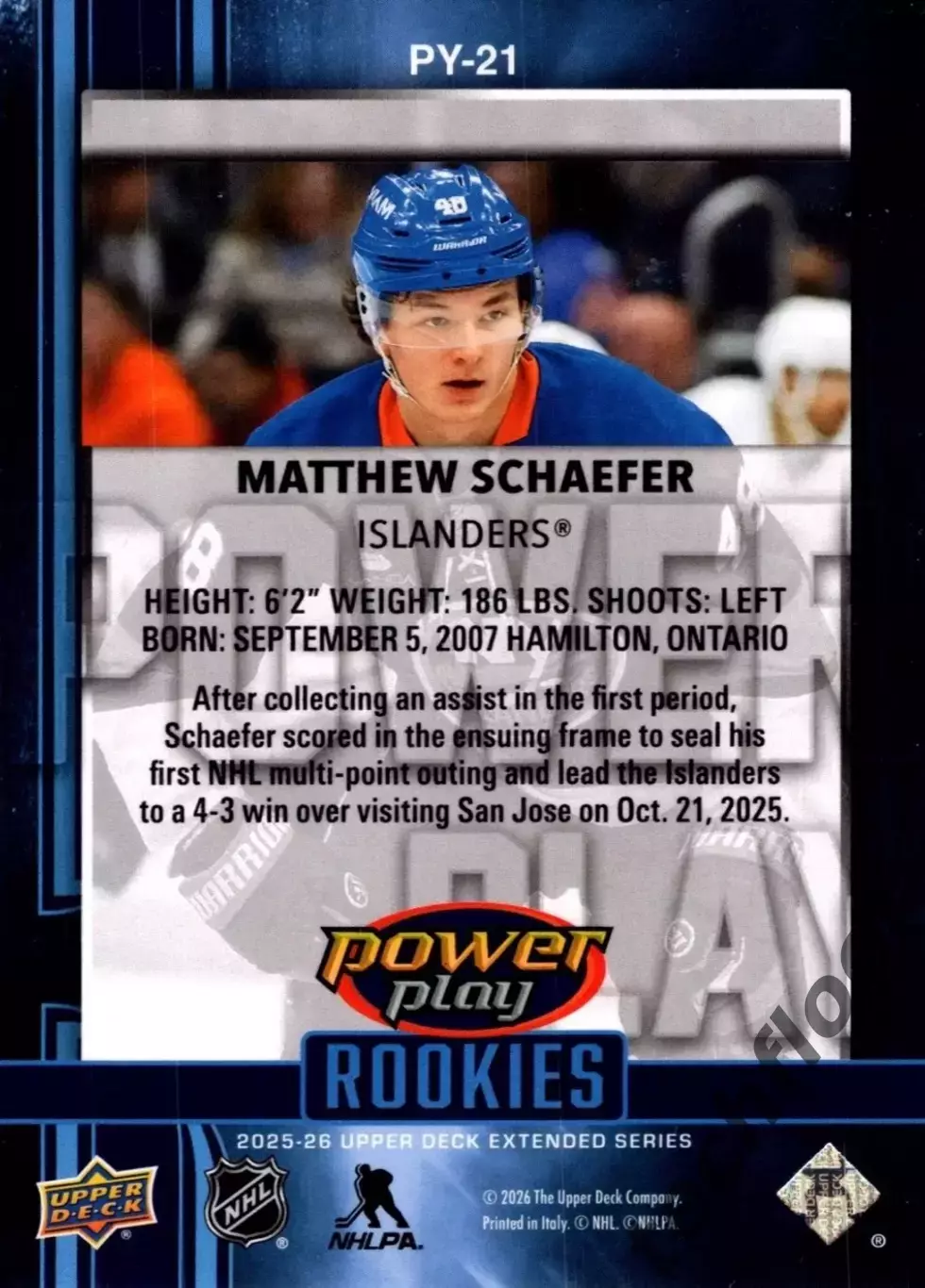 Карточка NHL Matthew Schaefer New York Islanders/Мэттью Шефер Айлендерс НХЛ 1