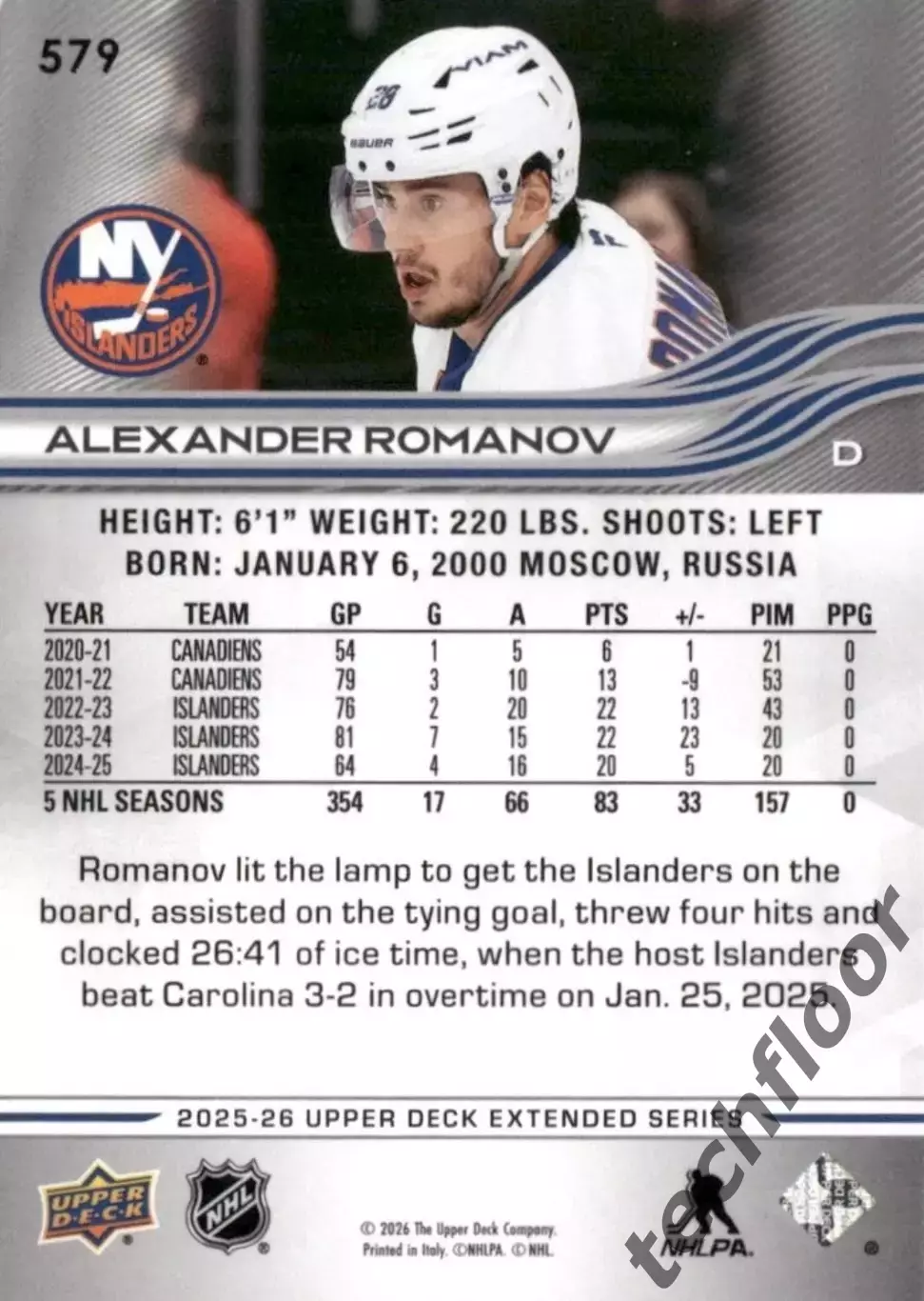 Карточка NHL Alexander Romanov New York Islanders/Александр Романов Айлендерс НХ 1