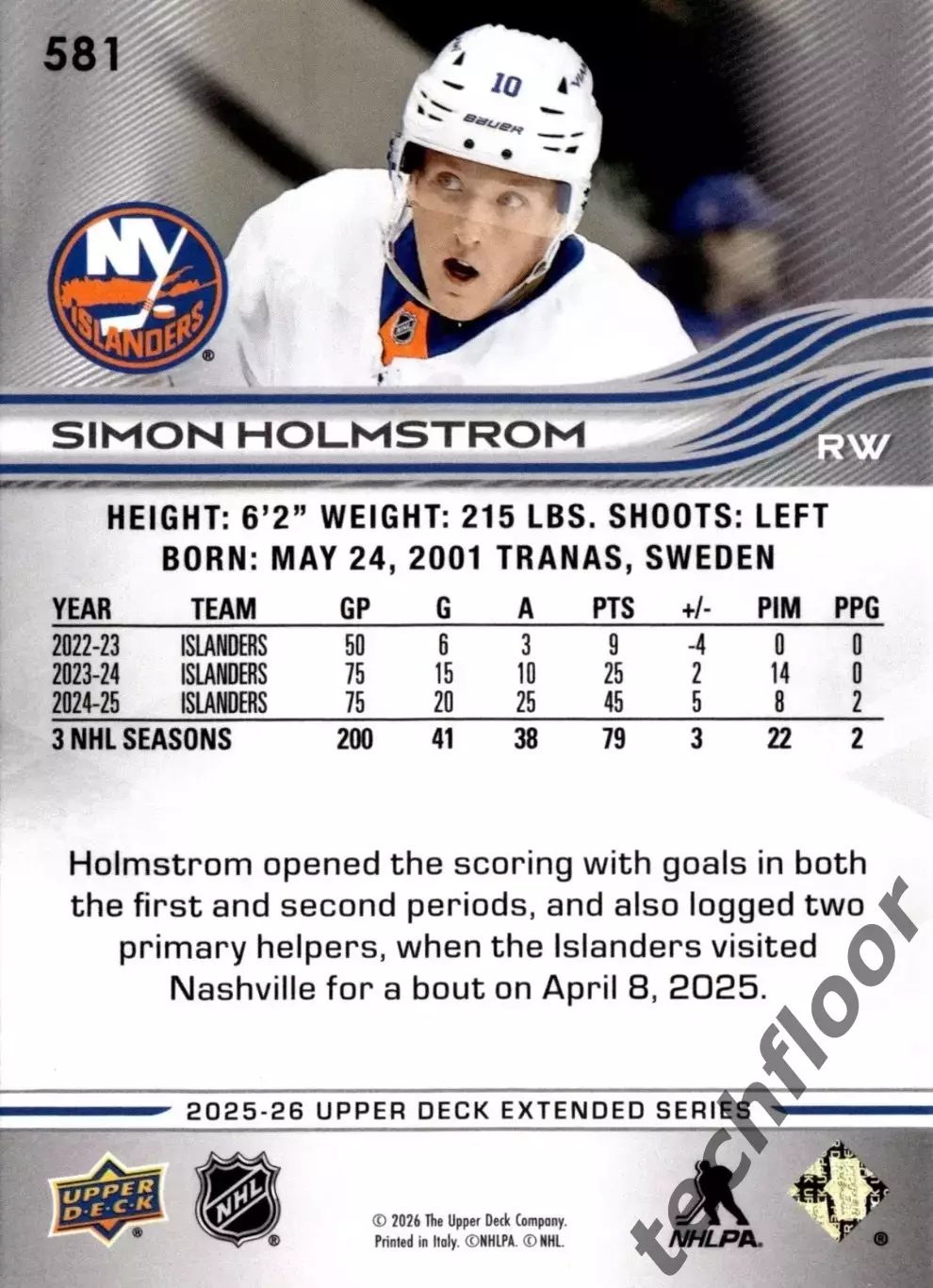 Карточка NHL Simon Holmstrom New York Islanders /Симон Хольмстрём Айлендерс НХЛ 1