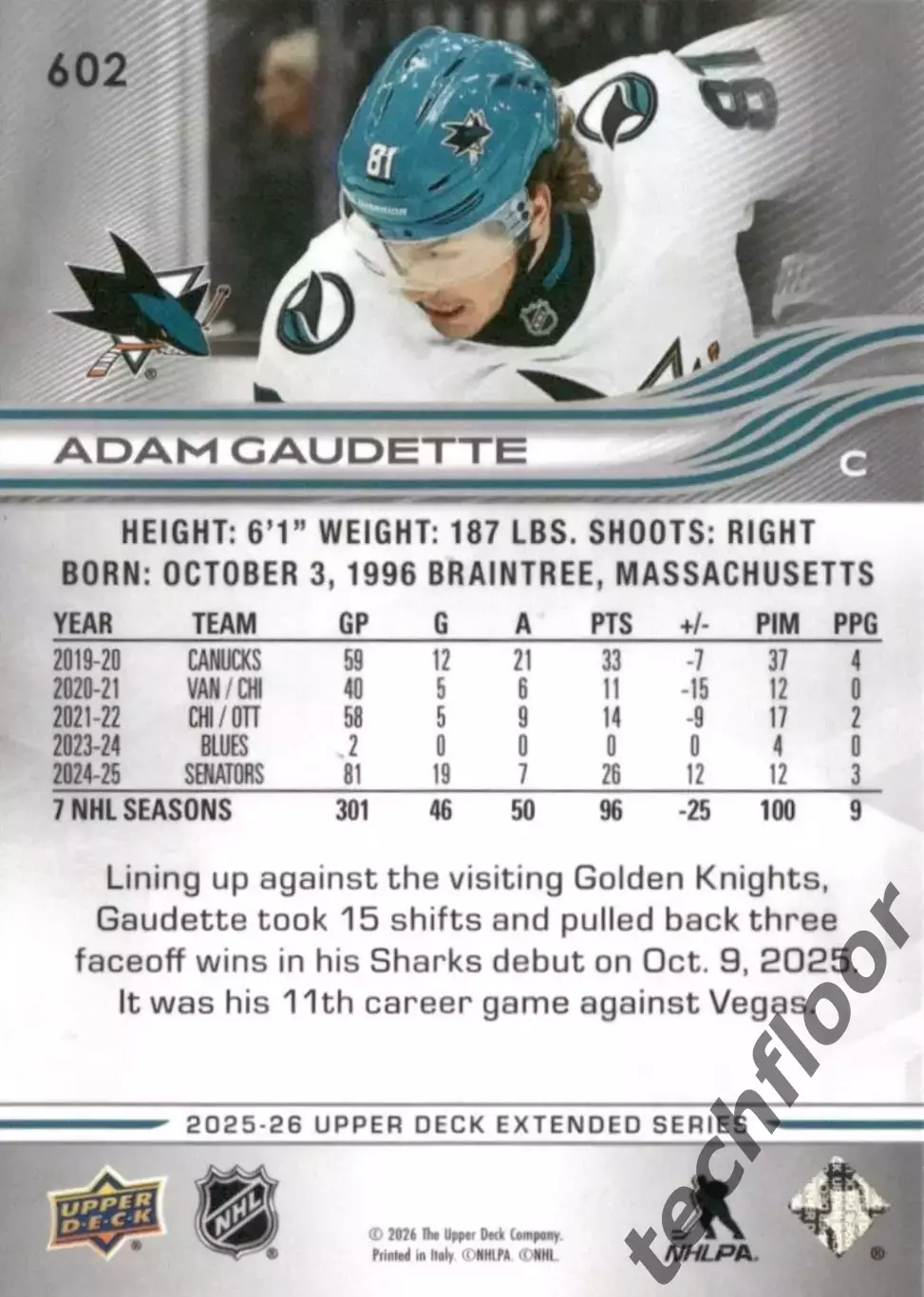 Карточка NHL Adam Gaudette San Jose Sharks/Адам Годетт Сан-Хосе НХЛ 1