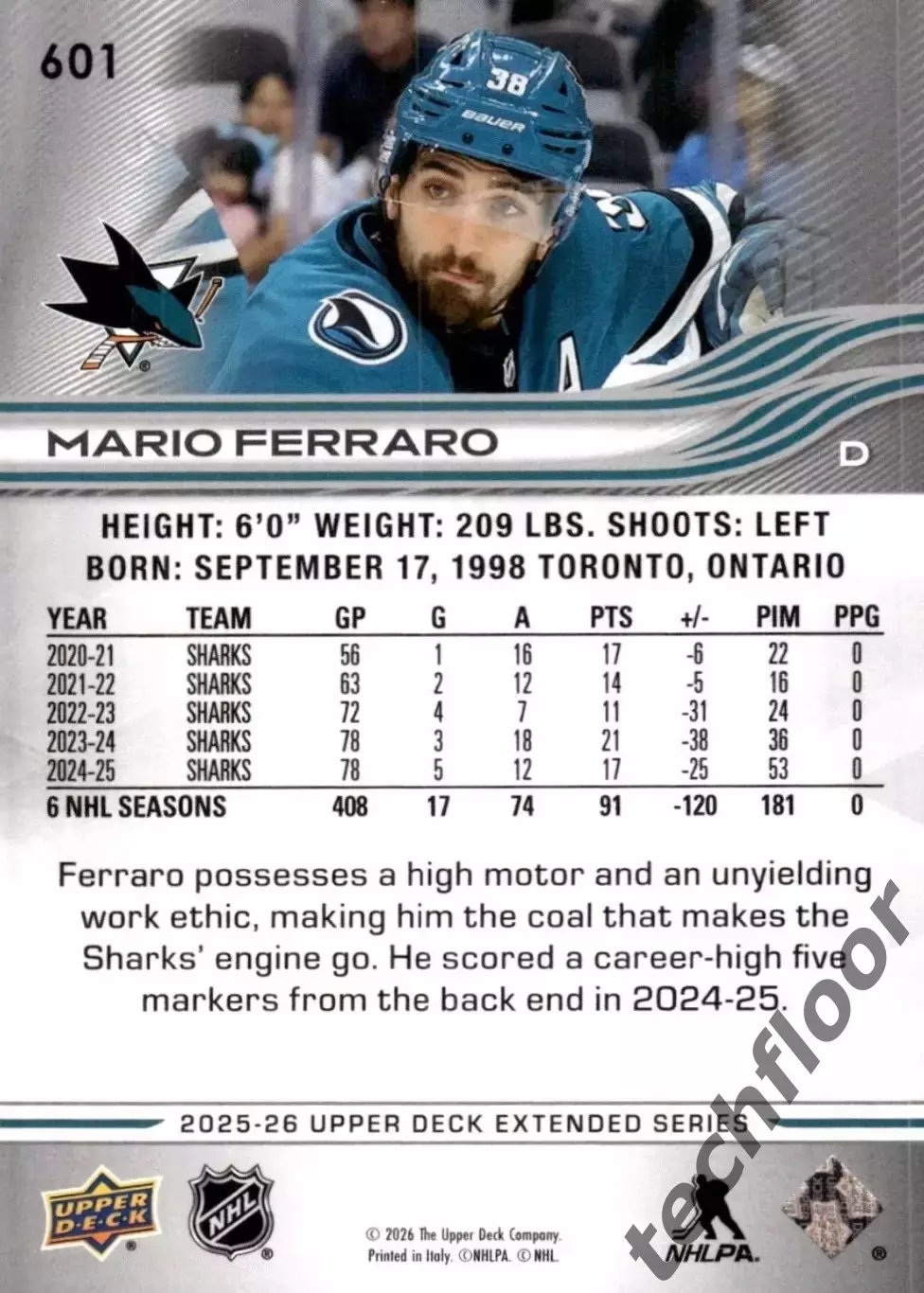 Карточка NHL Mario Ferraro San Jose Sharks/Марио Ферраро Сан-Хосе НХЛ 1