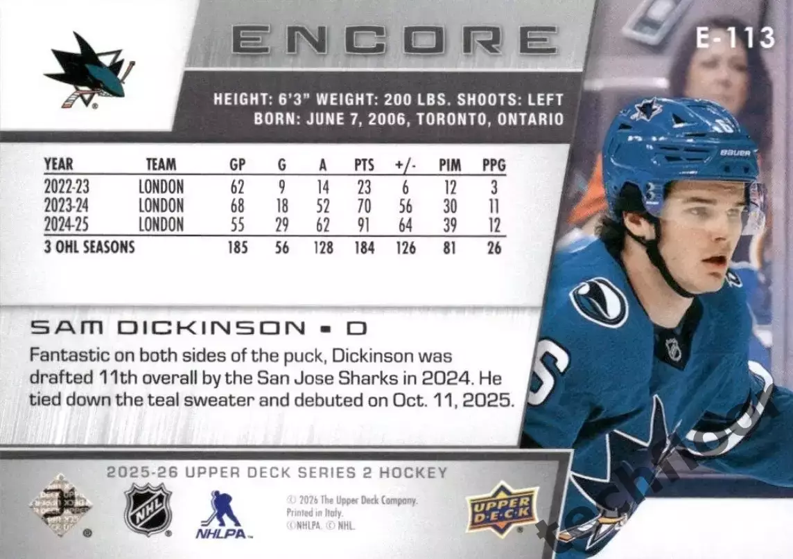 Карточка NHL Sam Dickinson San Jose Sharks/ Сэм Дикинсон Сан-Хосе НХЛ 1