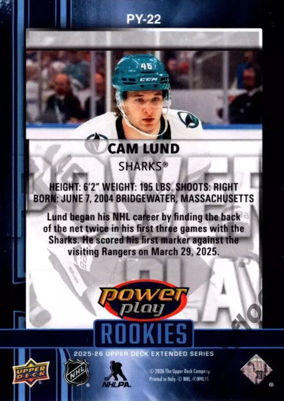 Карточка NHL Cam Lund San Jose Sharks/Камерон Ланд Сан-Хосе НХЛ 1