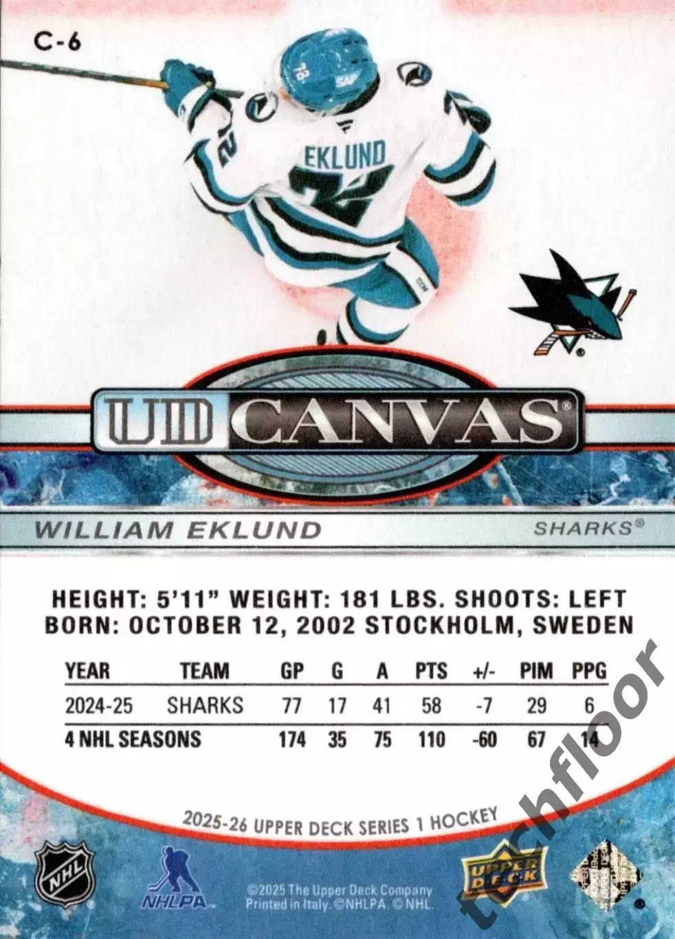 Карточка NHL Canvas William Eklund San Jose Sharks/Виллиам Эклунд Сан-Хосе НХЛ 1