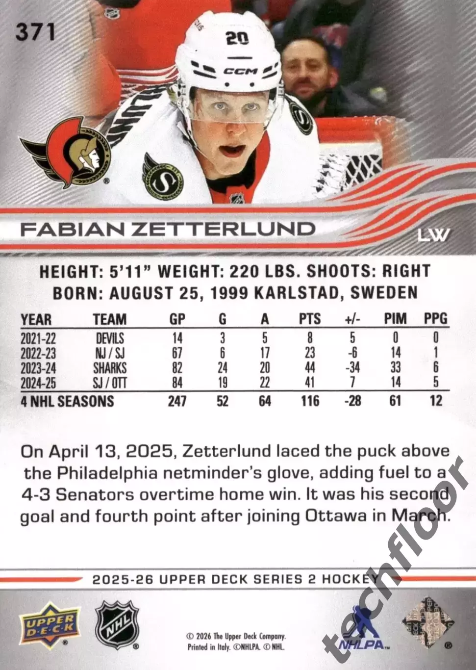 Карточка NHL Fabian Zetterlund Ottawa Senators/Фабиан Зеттерлунд Оттава НХЛ 1