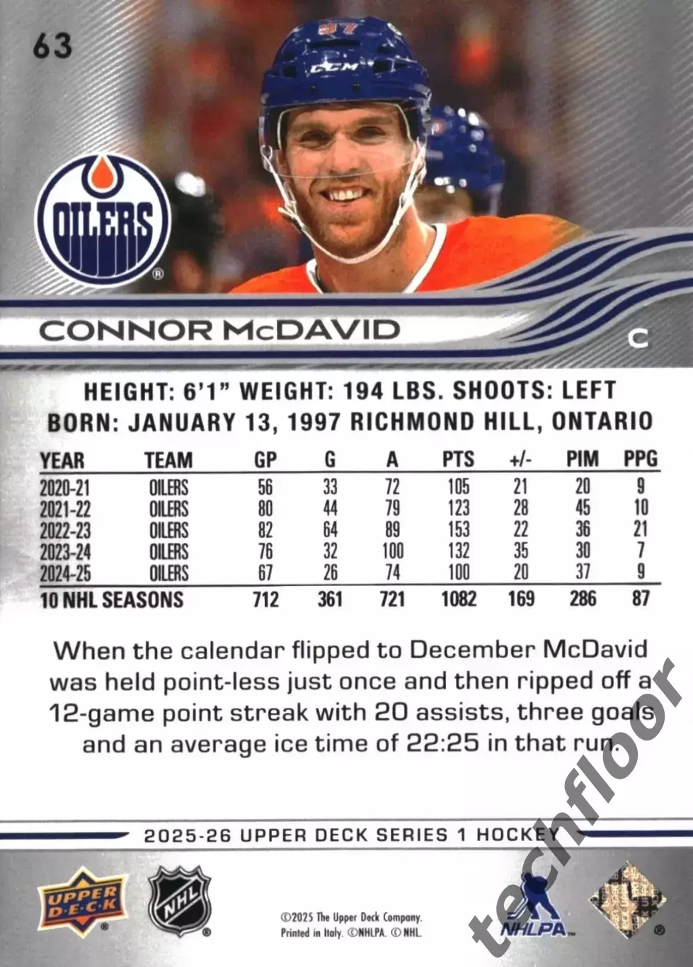 Карточка NHL Connor McDavid Edmonton Oilers/ Коннор Макдэвид Эдмонтон НХЛ 1