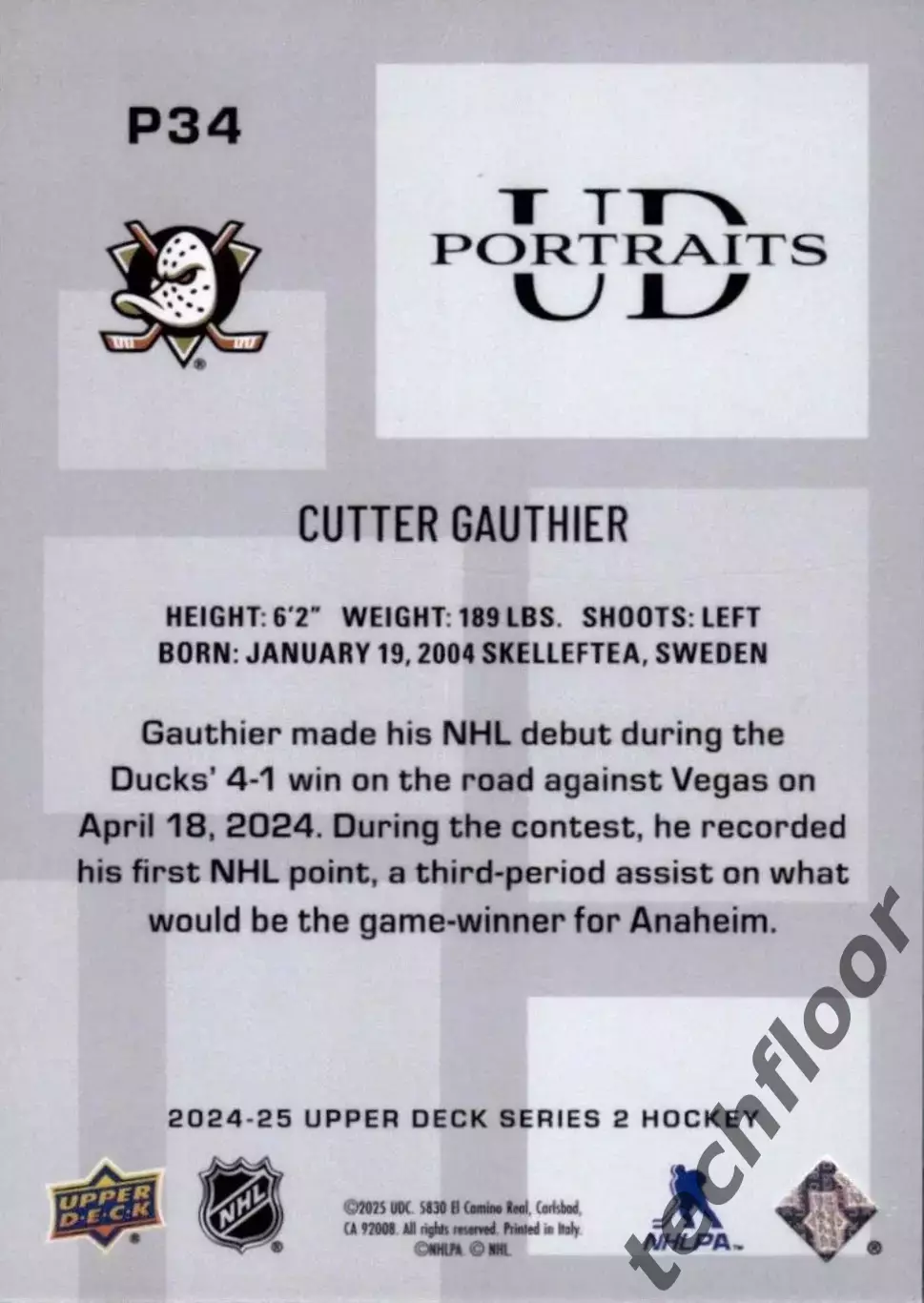 Карточка NHL Cutter Gauthier Anaheim Ducks/ Каттер Готье Анахайм НХЛ 1