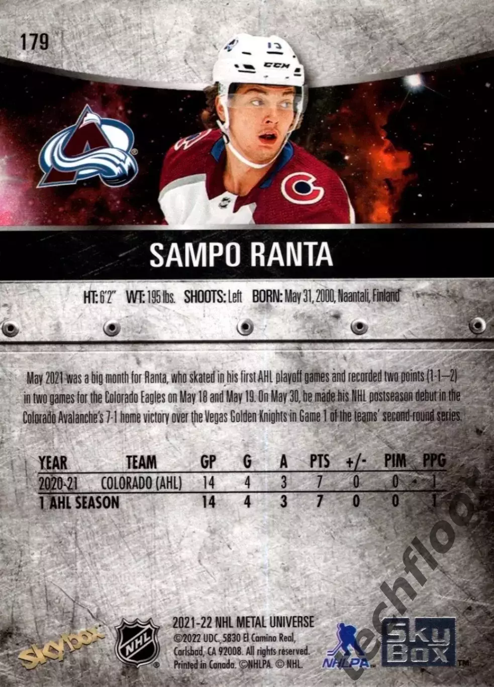 Карточка NHL Sampo Ranta Colorado Avalanche/Сампо Ранта Колорадо НХЛ 1