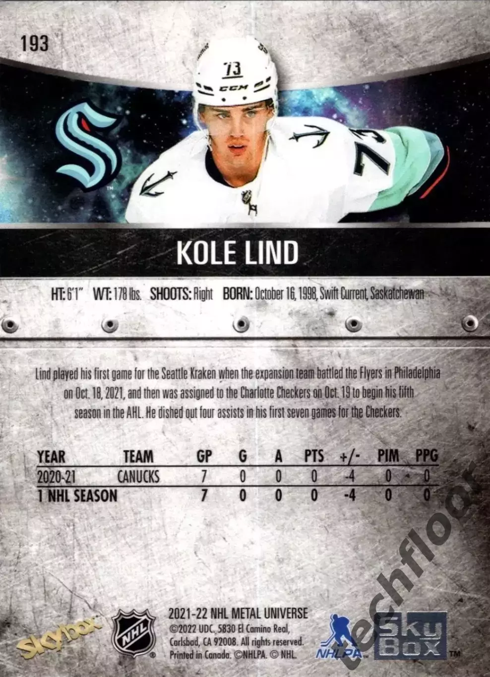 Карточка NHL Cole Lind Seattle Kraken/Коул Линд Сиэтл НХЛ 1