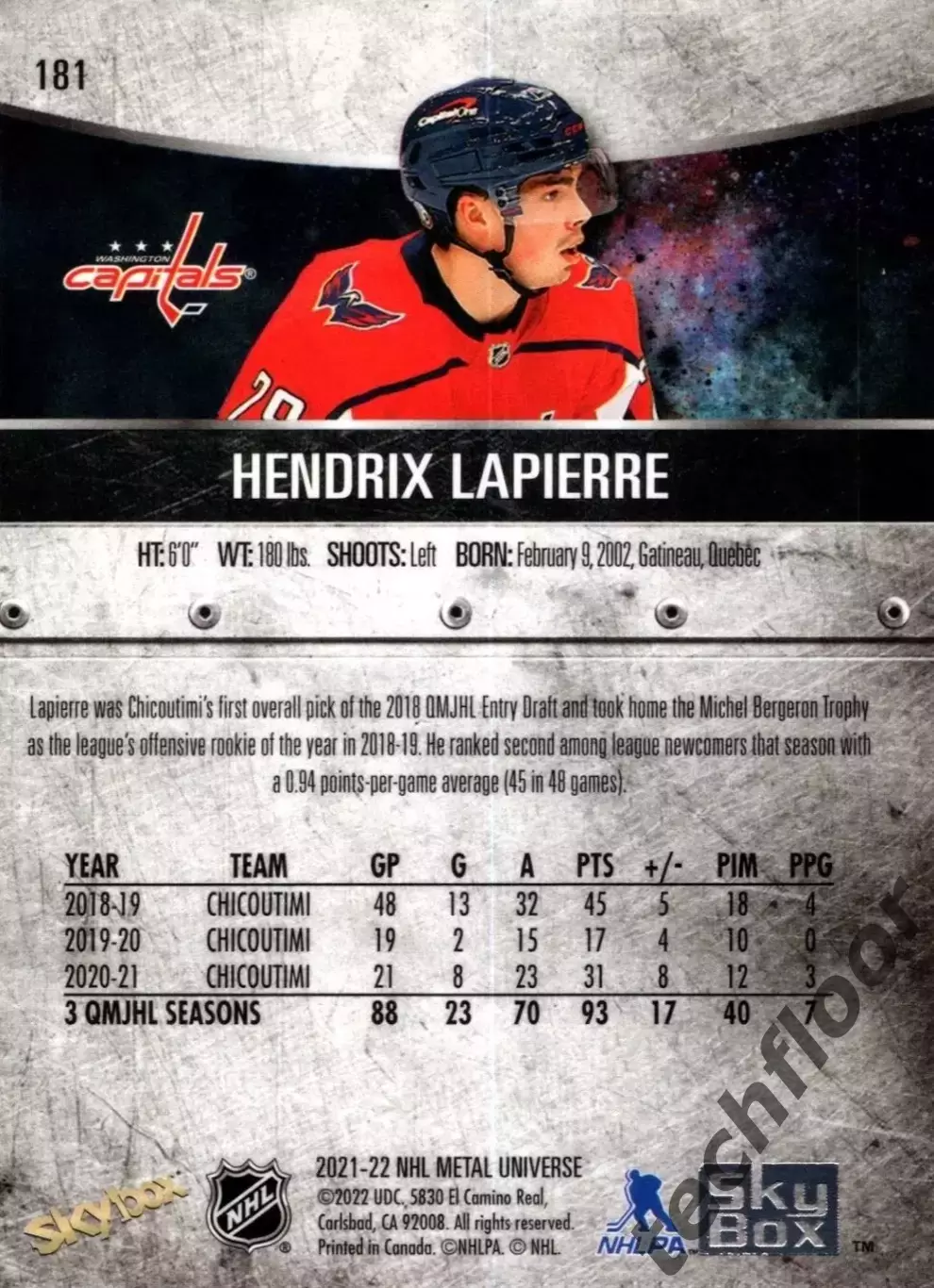 Карточка NHL Hendrix Lapierre Washington Capitals/Хендрикс Лапьер Вашингтон НХЛ 1
