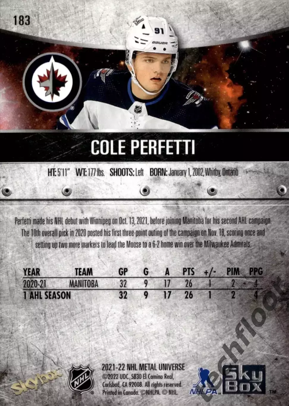 Карточка NHL Cole Perfetti Winnipeg Jets/Коул Перфетти Виннипег НХЛ 1