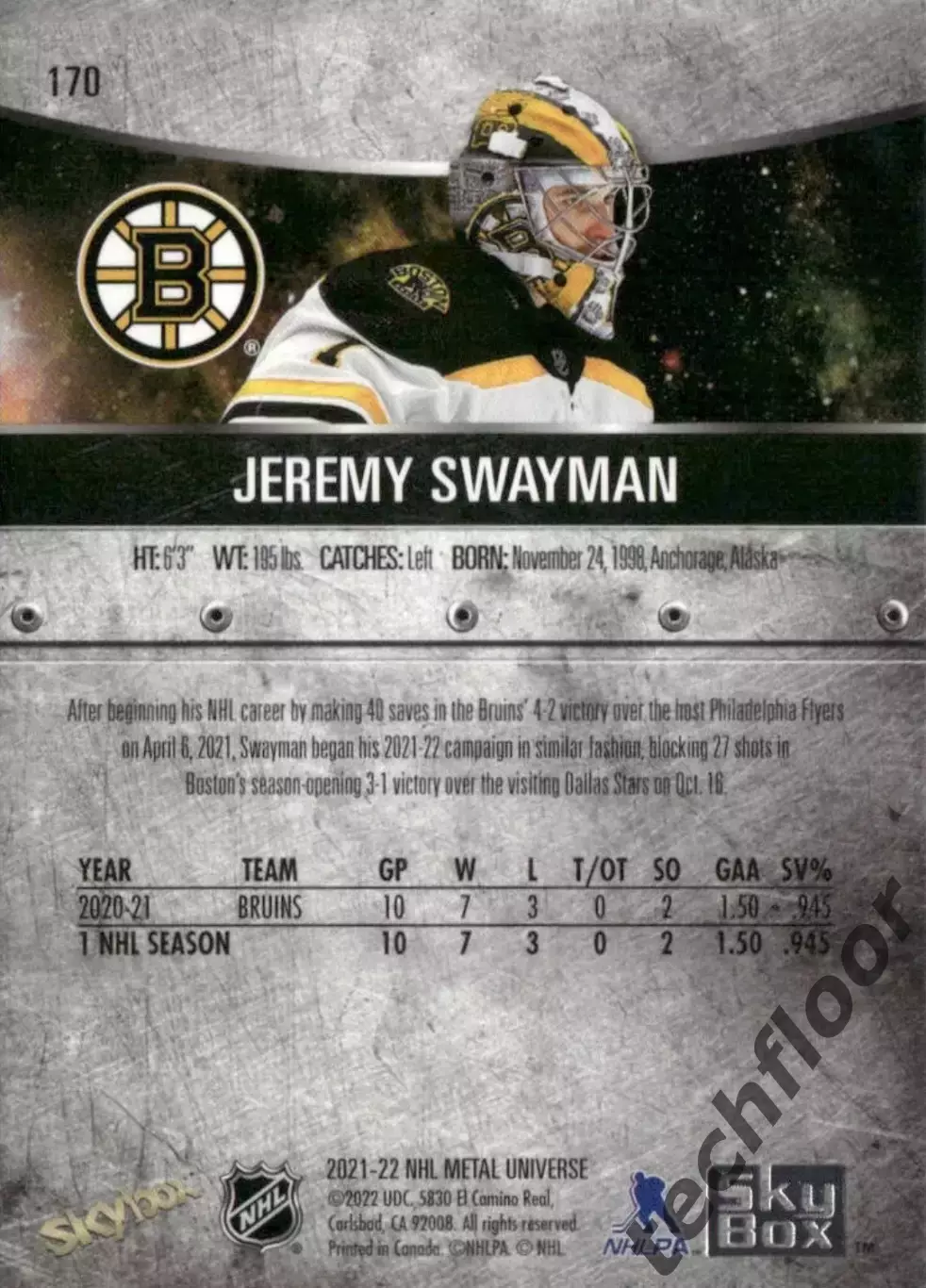 Карточка NHL Jeremy Swayman Boston Bruins/Джереми Свэйман Бостон НХЛ 1