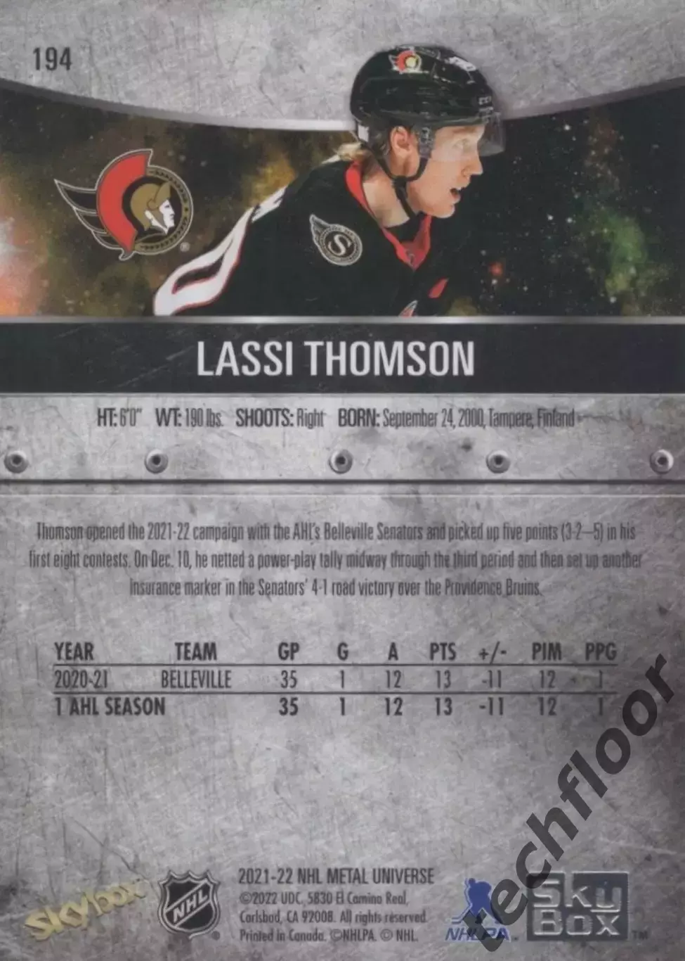 Карточка NHL Lassi Thomson Ottawa Senators/Ласси Томсон Оттава НХЛ 1
