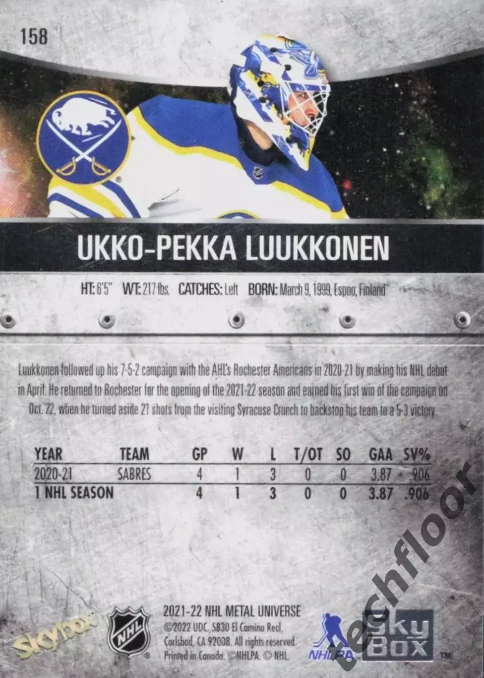 Карточка NHL Ukko-Pekka Luukkonen Buffalo Sabres/Укко-Пекка Луукконен Баффало 1