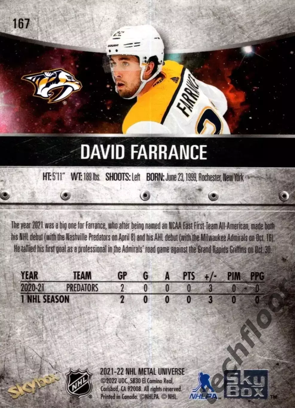 Карточка NHL David Farrance Nashville Predators/Дэвид Фарранс Нэшвилл НХЛ 1