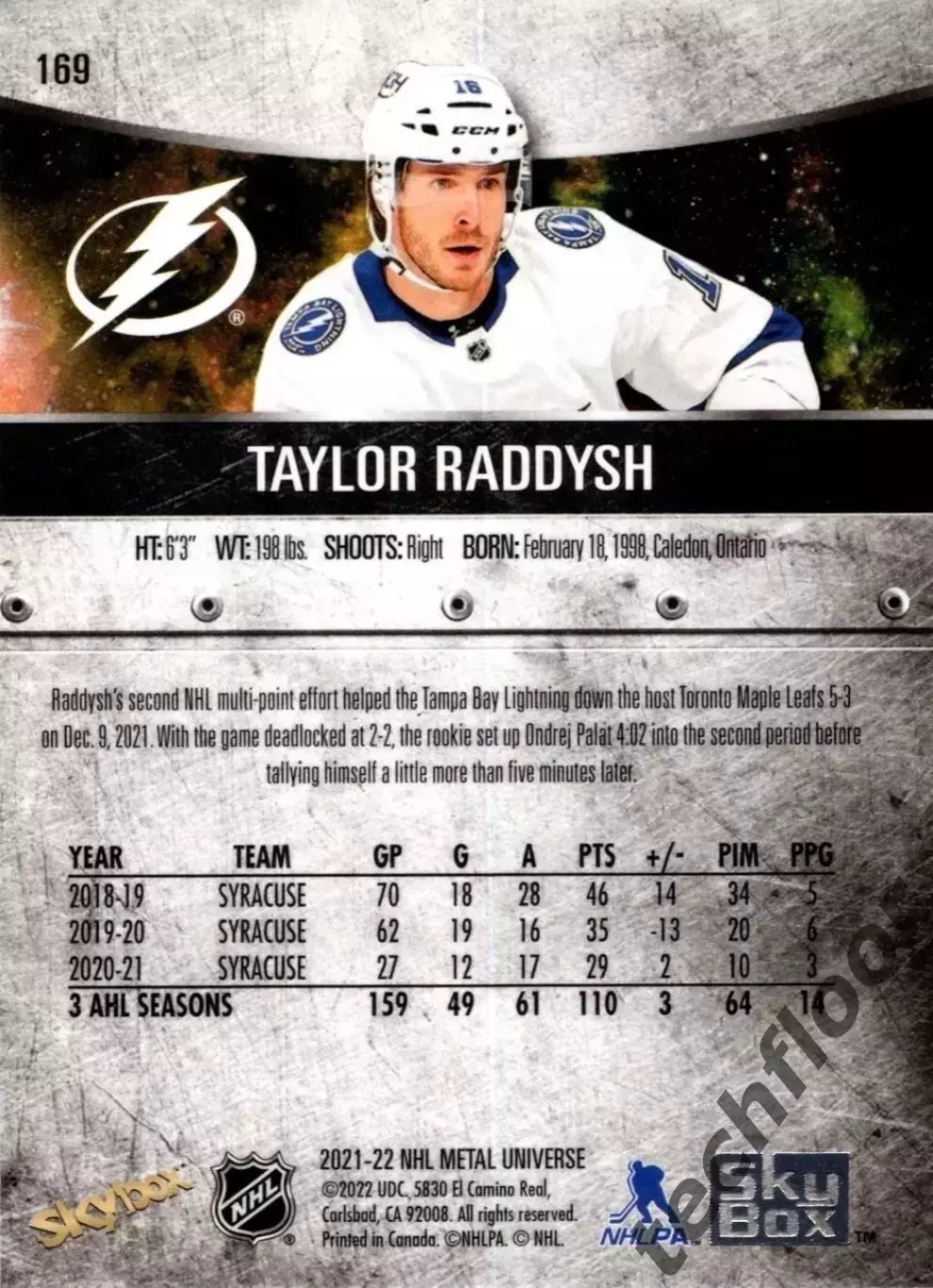 Карточка NHL Taylor Raddysh Tampa Bay Lightning / Тэйлор Рэддиш Тампа НХЛ 1