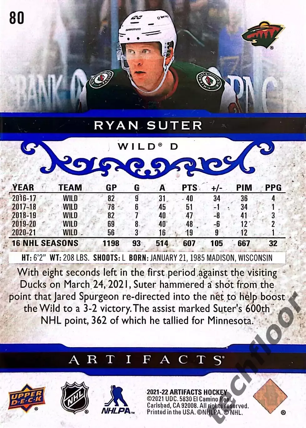 Карточка NHL Ryan Suter Minnesota Wild/Райан Сутер Миннесота НХЛ 1