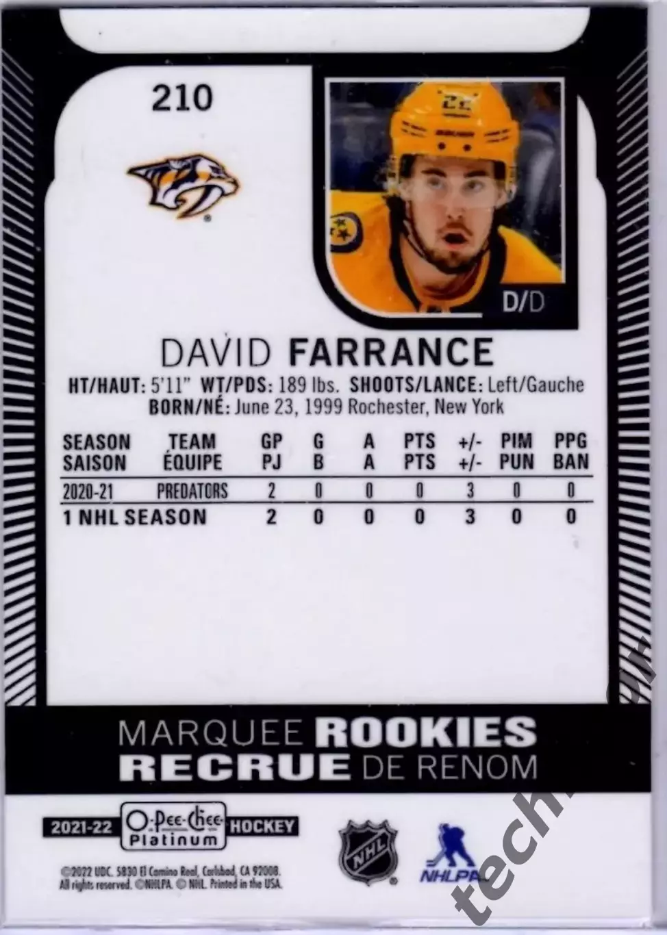 Карточка NHL David Farrance Nashville Predators/ Дэвид Фарранс Нэшвилл НХЛ 1