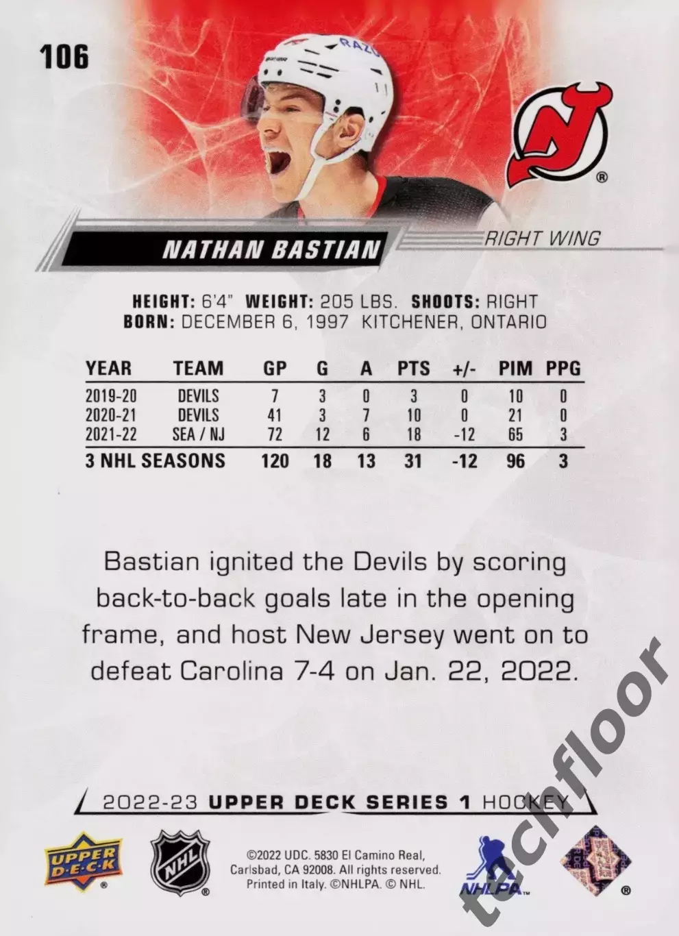 Карточка NHL Nathan Bastian New Jersey Devils/Натан Бастиан Нью-Джерси НХЛ 1