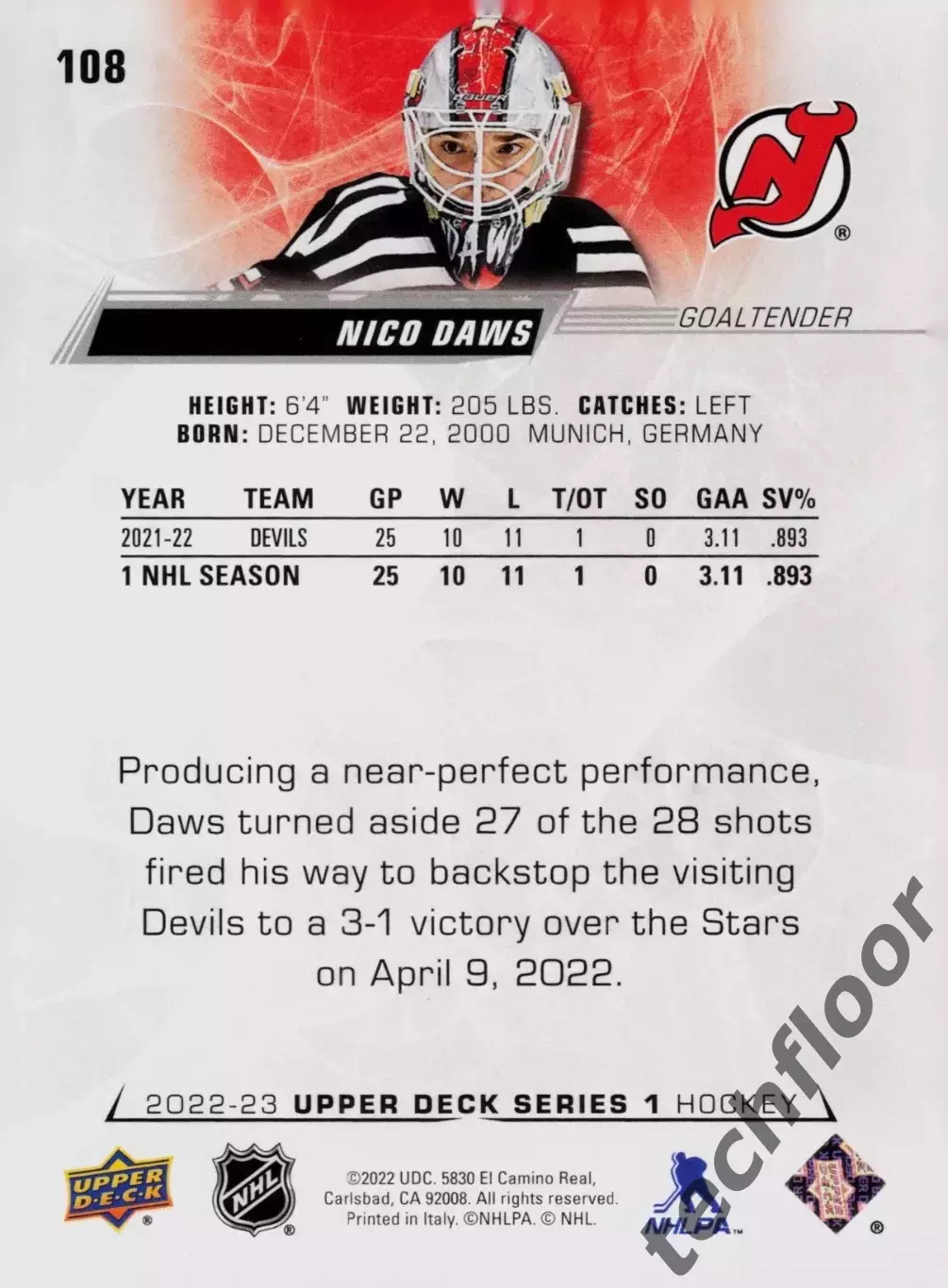 Карточка NHL Nico Daws New Jersey Devils/ Нико Доус Нью-Джерси НХЛ 1