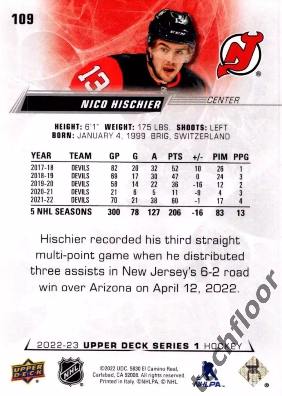 Карточка NHL Nico Hischier New Jersey Devils/Нико Хишир Нью-Джерси НХЛ 1