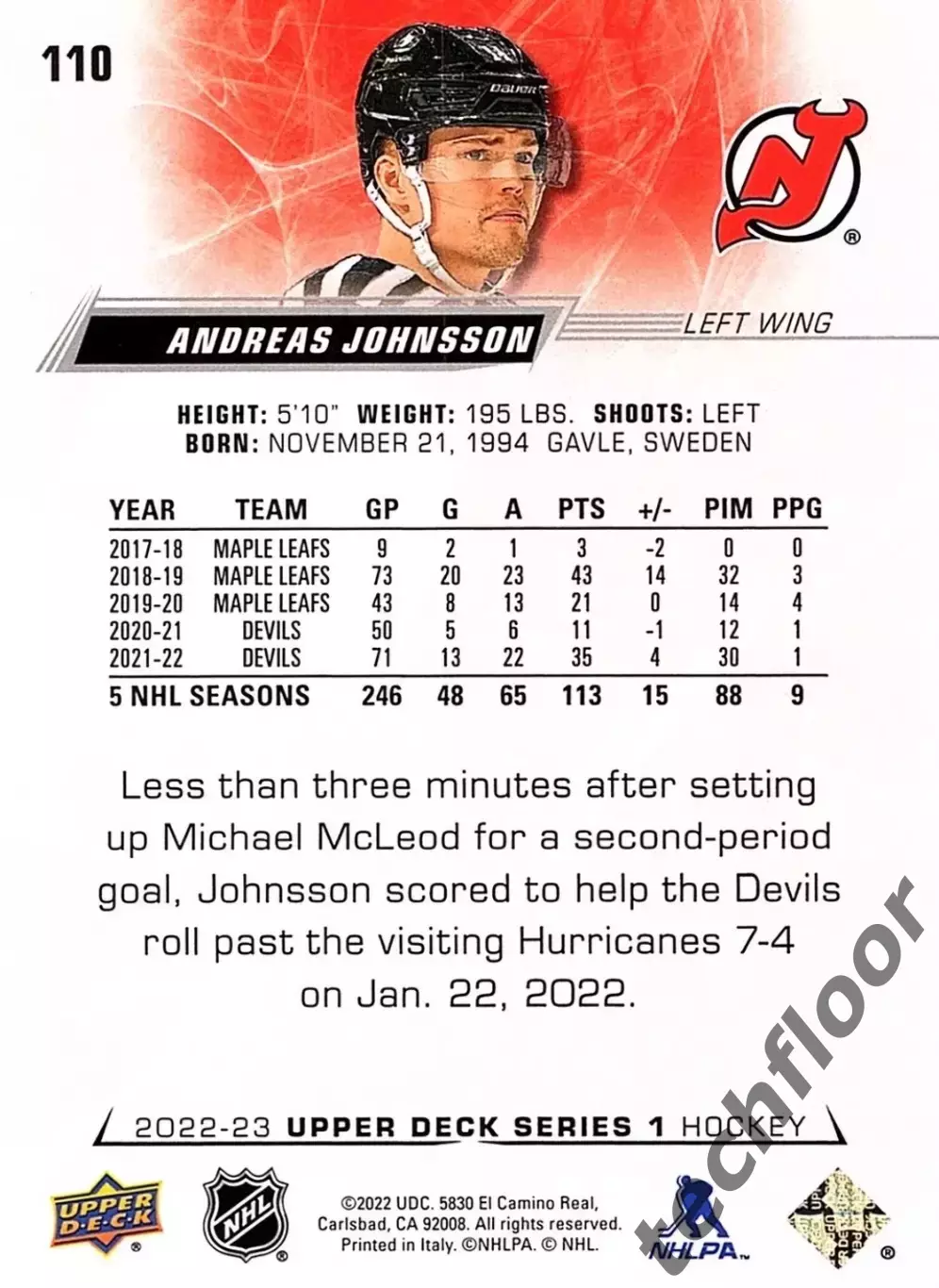 Карточка NHL Andreas Johnsson New Jersey Devils/Андреас Йонссон Нью-Джерси НХЛ 1