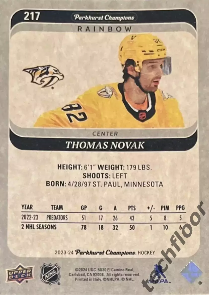Карточка NHL Thomas Novak Nashville Predators/ Томас Новак Нэшвилл НХЛ 1