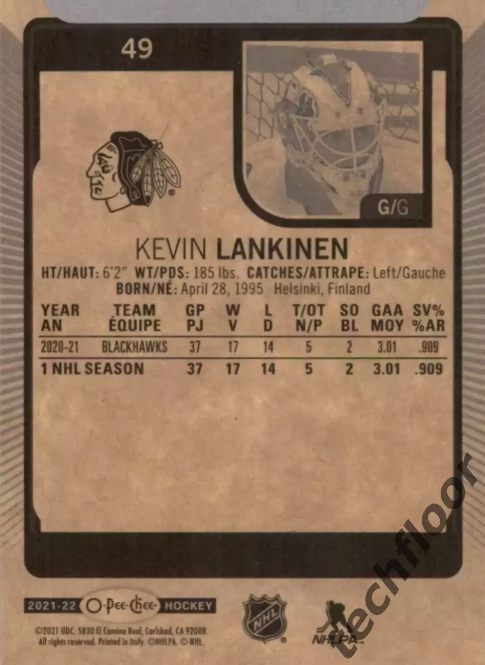 Карточка NHL Kevin Lankinen Chicago Blackhawks/ Кевин Ланкинен Чикаго НХЛ 1