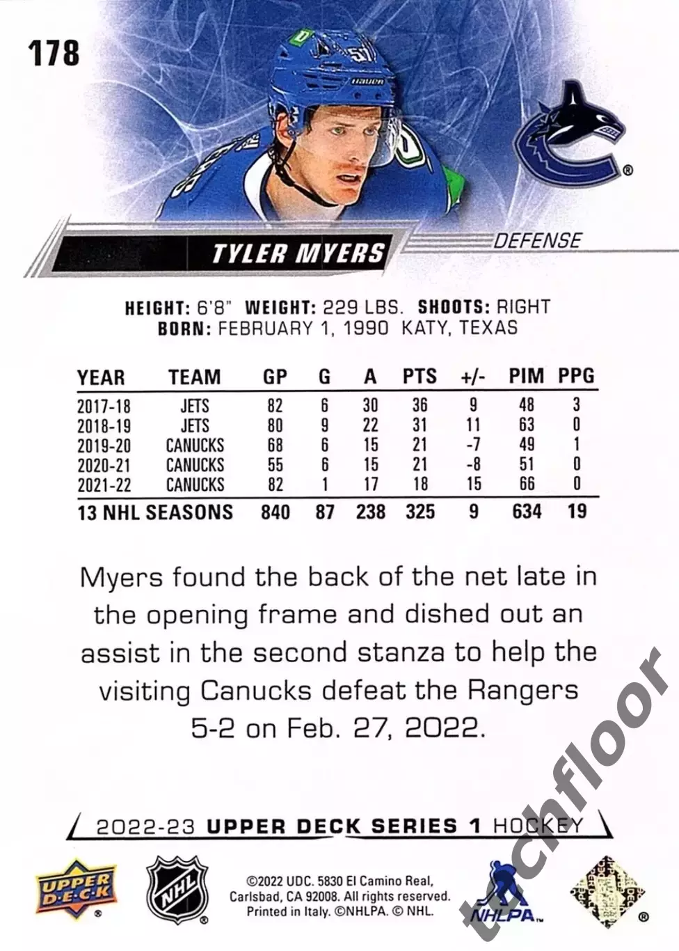 Карточка NHL Tyler Myers Vancouver Canucks/Тайлер Майерс Ванкувер НХЛ 1