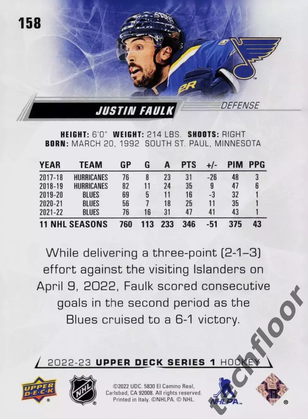 Карточка NHL Justin Faulk St. Louis Blues/ Джастин Фолк Сент-Луис НХЛ 1