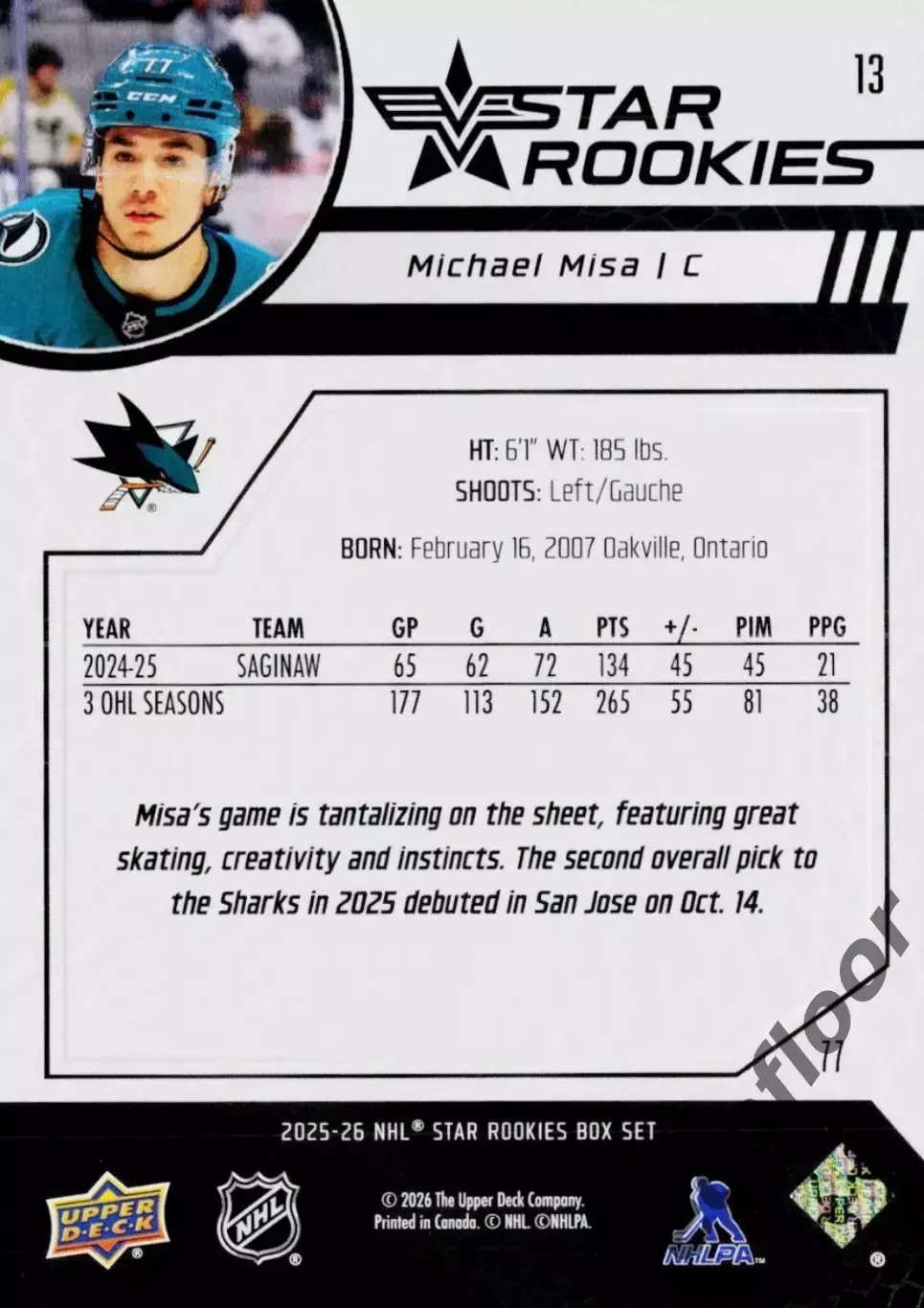 Карточка NHL Michael Misa San Jose Sharks /Майкл Миса Сан-Хосе НХЛ 1