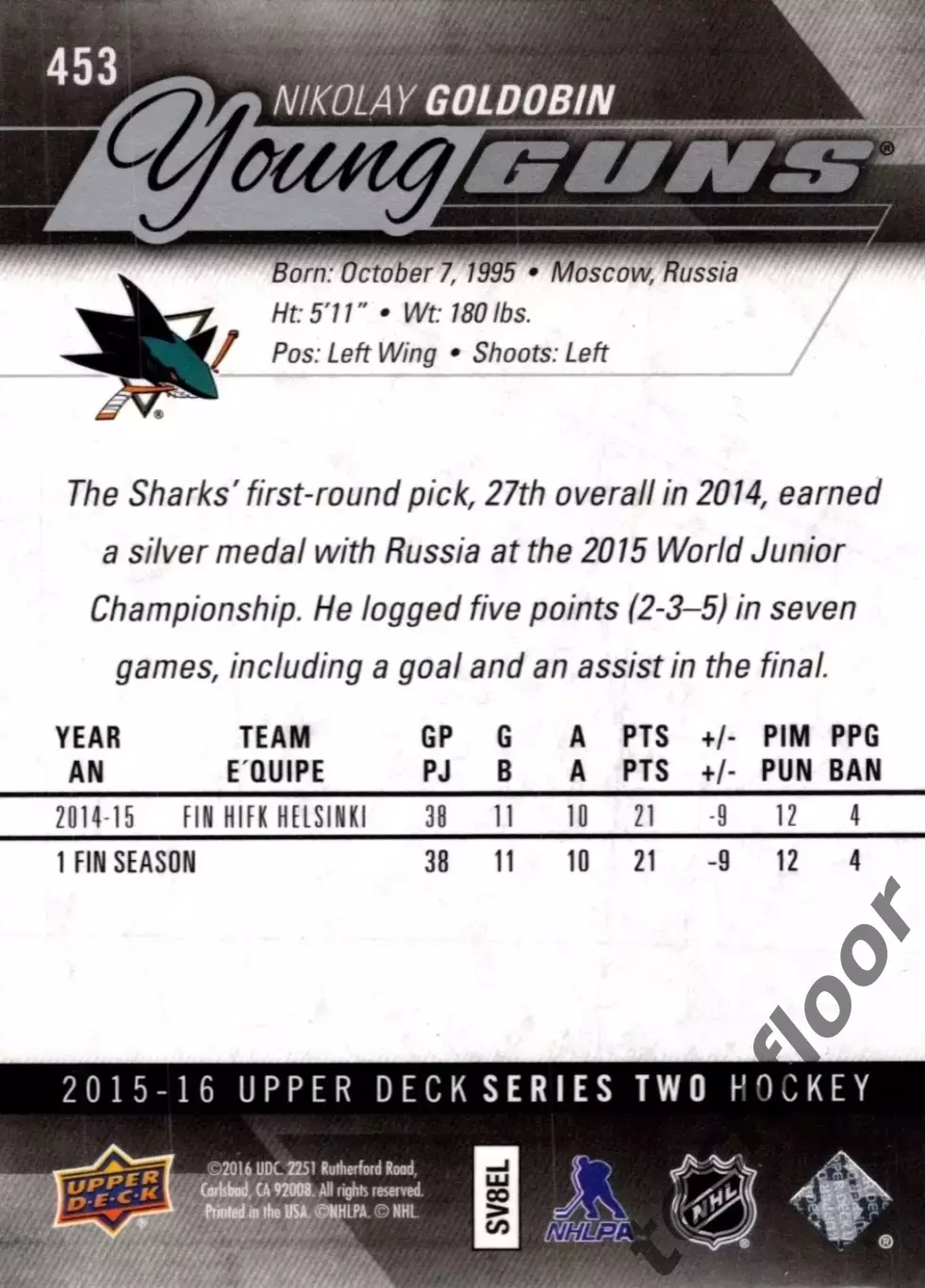 Карточка NHL Nikolay Goldobin San Jose Sharks/Николай Голдобин Сан-Хосе НХЛ 1