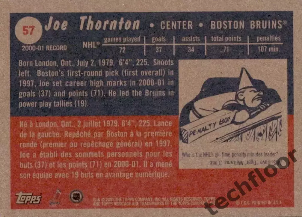 Карточка NHL Joe Thornton Boston Bruins/Джо Торнтон Бостон НХЛ 1