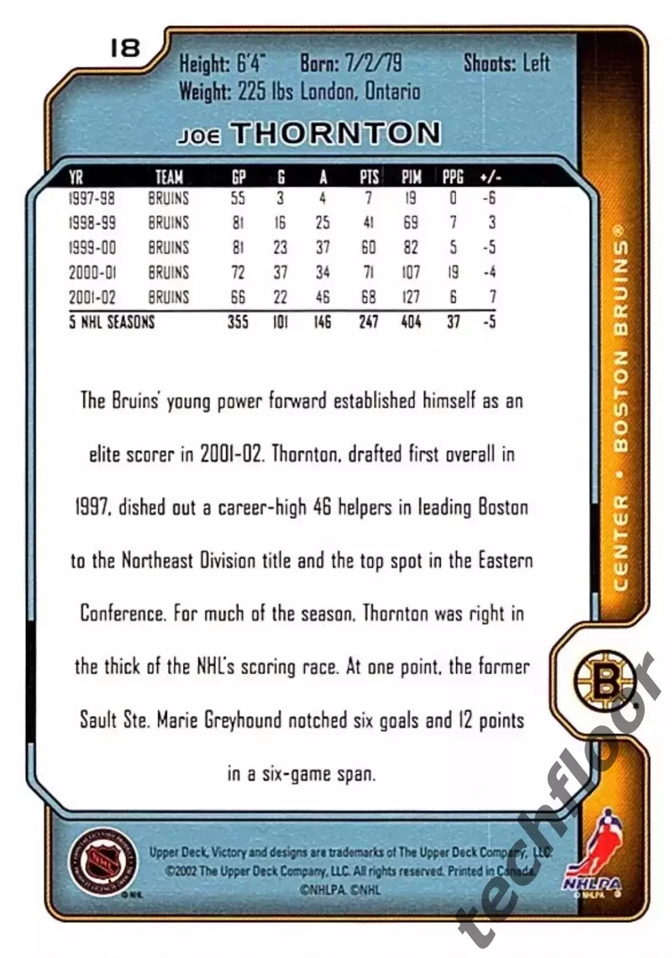 Карточка NHL Joe Thornton Boston Bruins/Джо Торнтон Бостон НХЛ 1