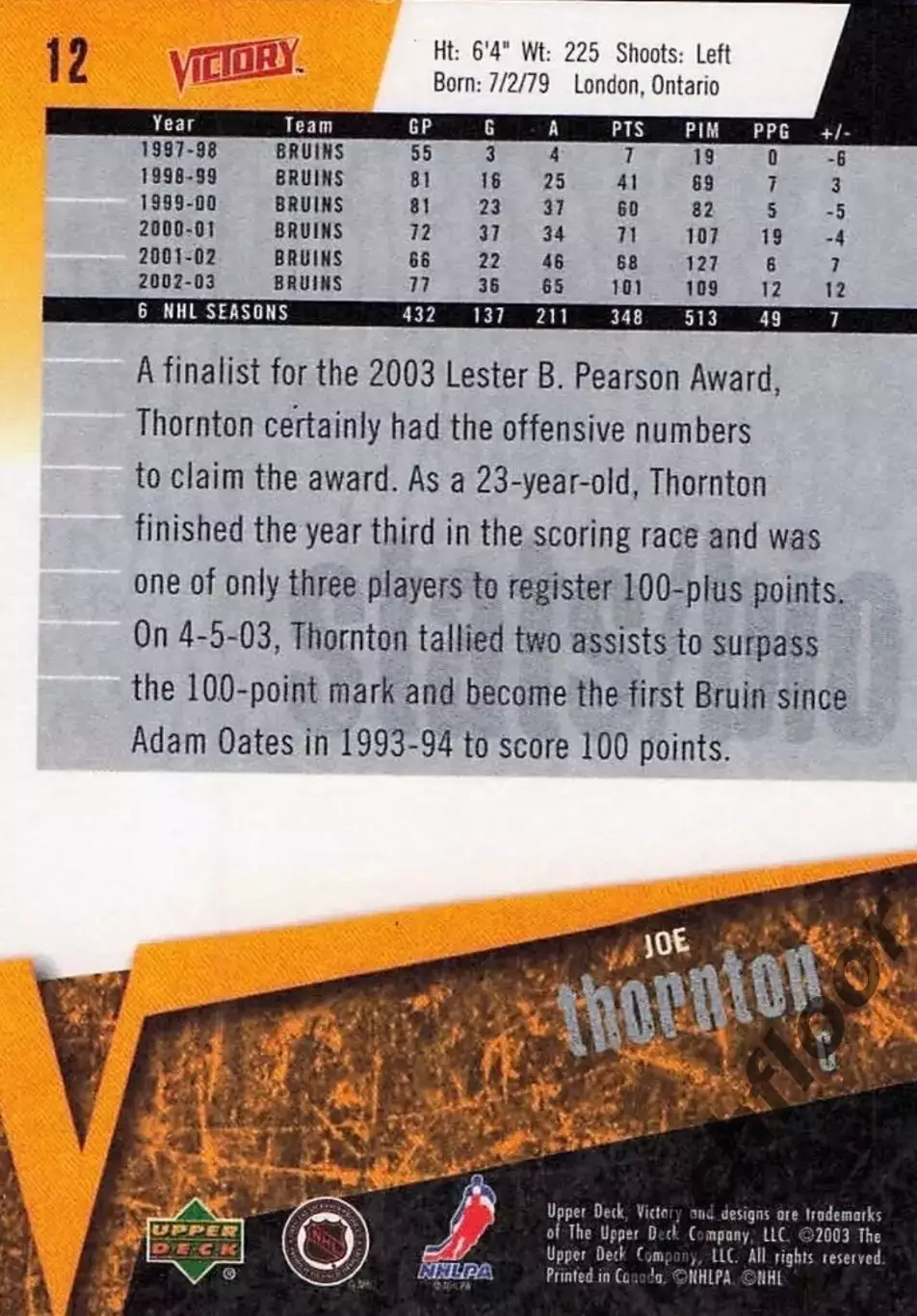 Карточка NHL Joe Thornton Boston Bruins/Джо Торнтон Бостон НХЛ 1