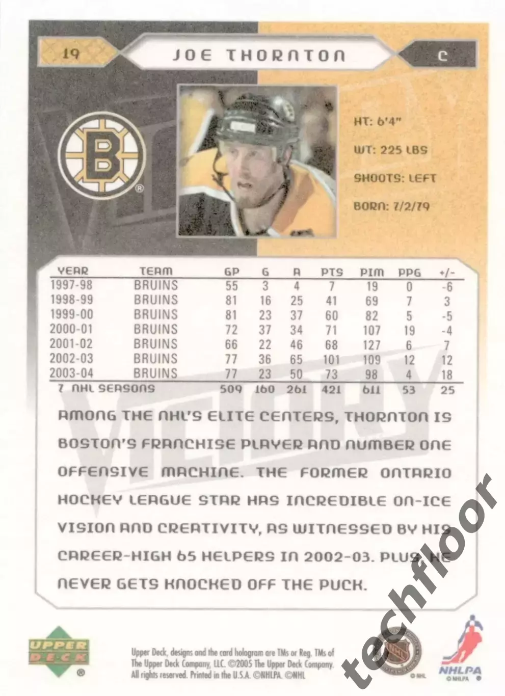 Карточка NHL Joe Thornton Boston Bruins / Джо Торнтон Бостон НХЛ 1