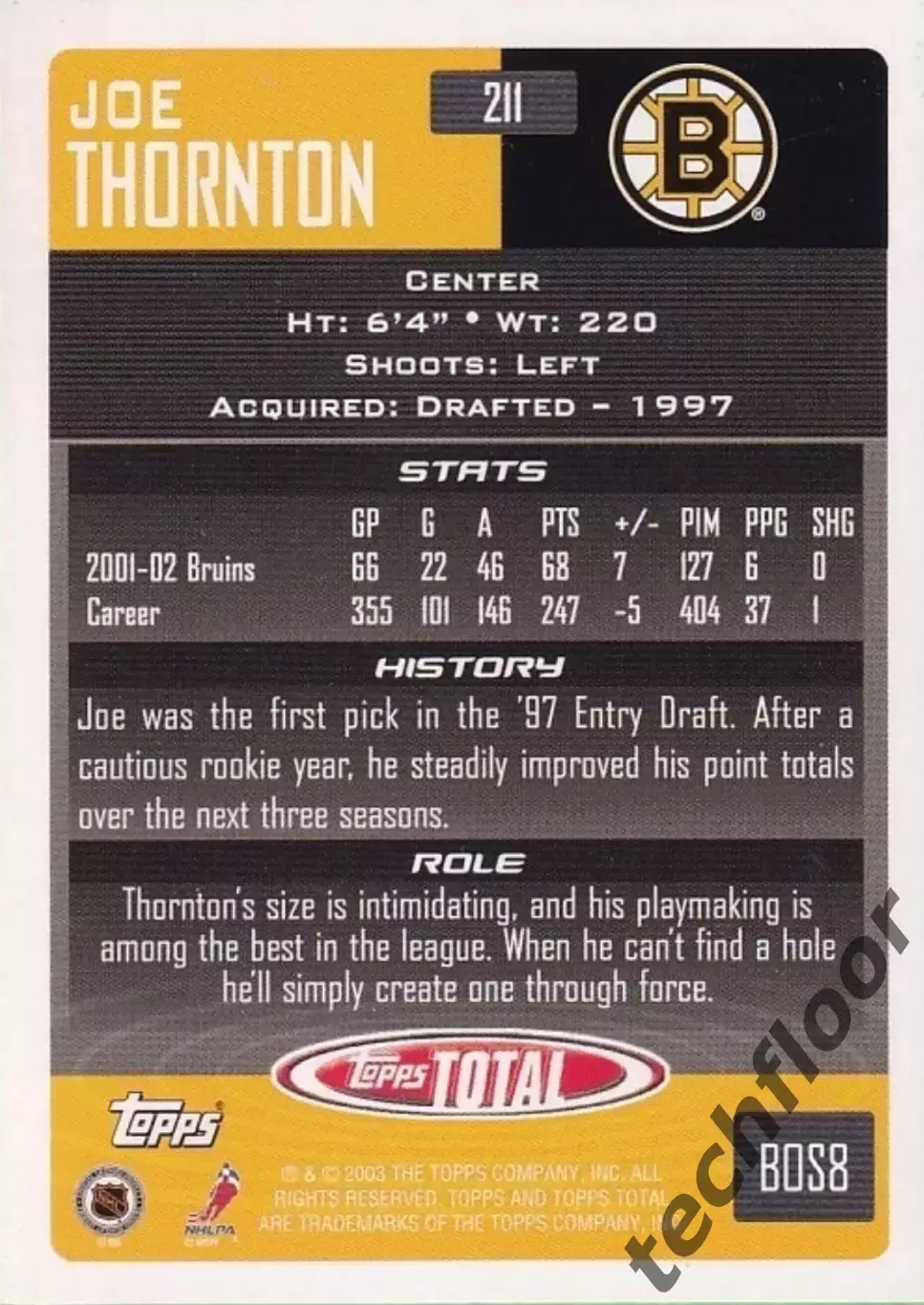 Карточка NHL Joe Thornton Boston Bruins/ Джо Торнтон Бостон НХЛ 1